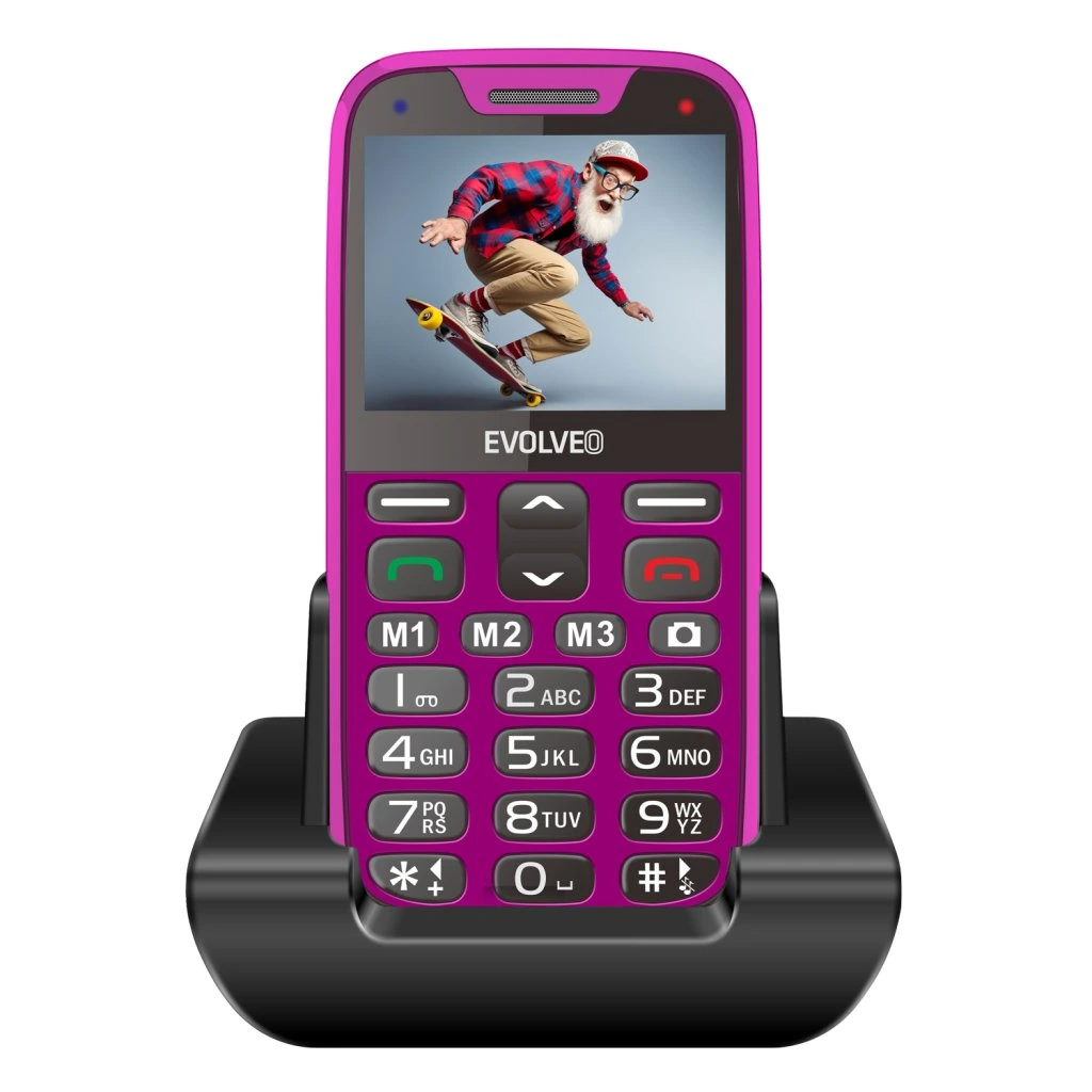 Lila telefon hátlapja kamerával, logóval és hangszóróval.