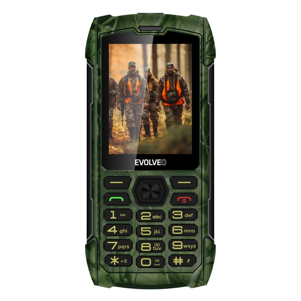 Egy zöld telefon hátulja SOS gombbal és kamerával.