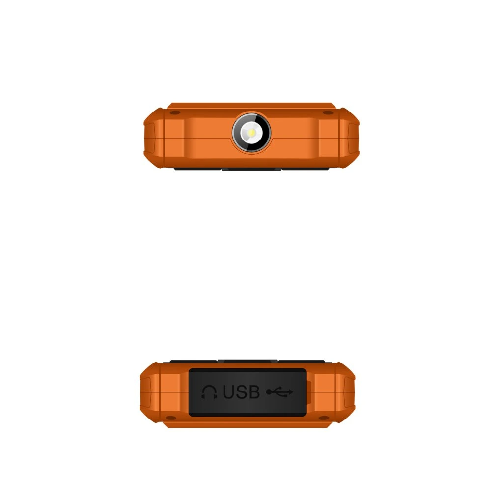 Narancssárga készülék, lámpával és USB-porttal. Felülnézet lámpával, alulnézet USB-vel és fejhallgató-csatlakozóval.