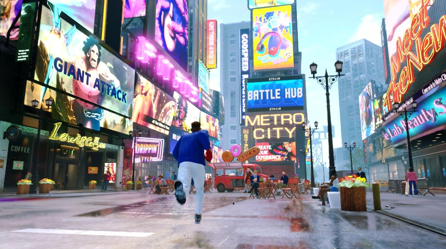 Un hombre corre por una calle con vallas publicitarias vibrantes.