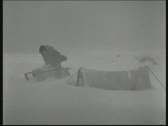 Ein Mann auf einem Schlitten und ein Zelt befinden sich in einer schneebedeckten, nebligen Landschaft.