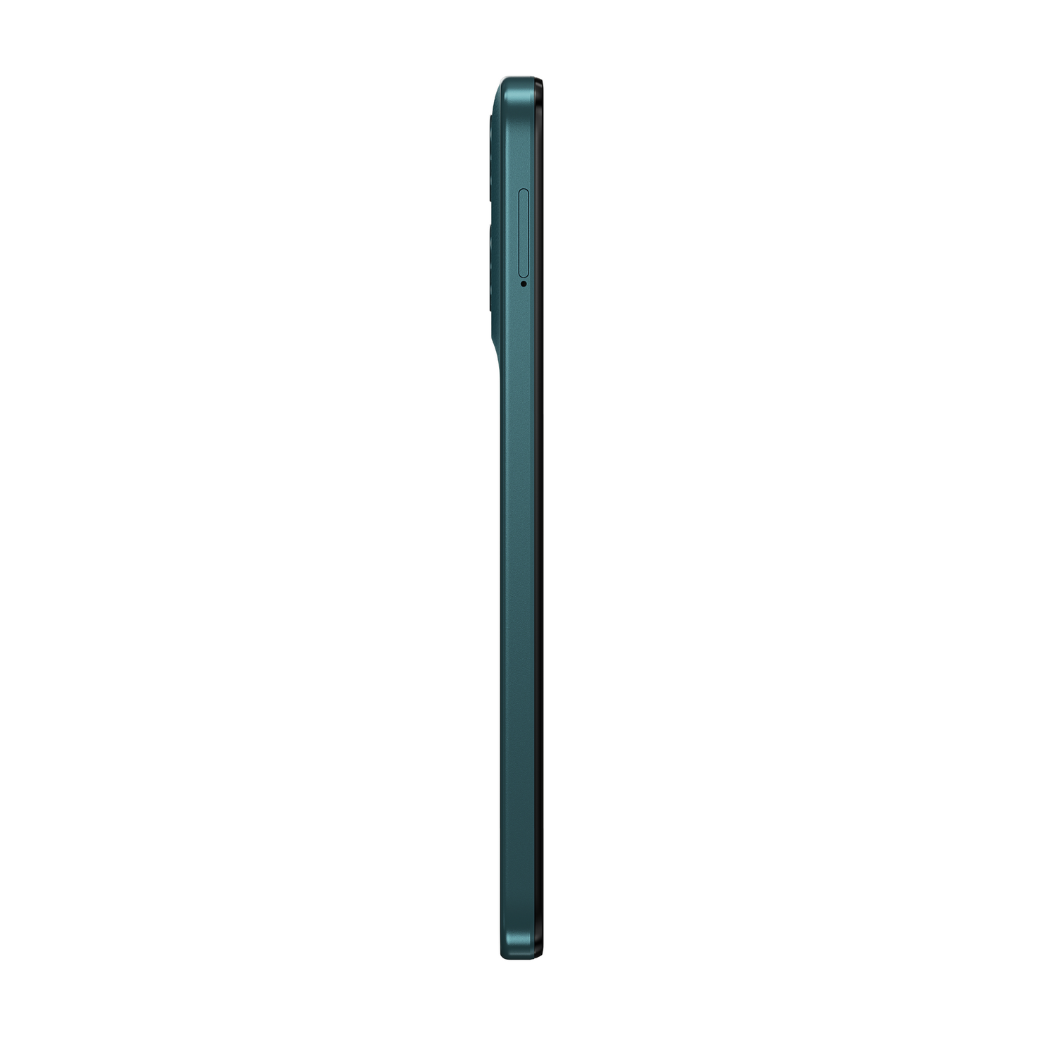 Un smartphone verde azulado de lado, mostrando botones y una cámara. Fondo blanco liso, bien iluminado.