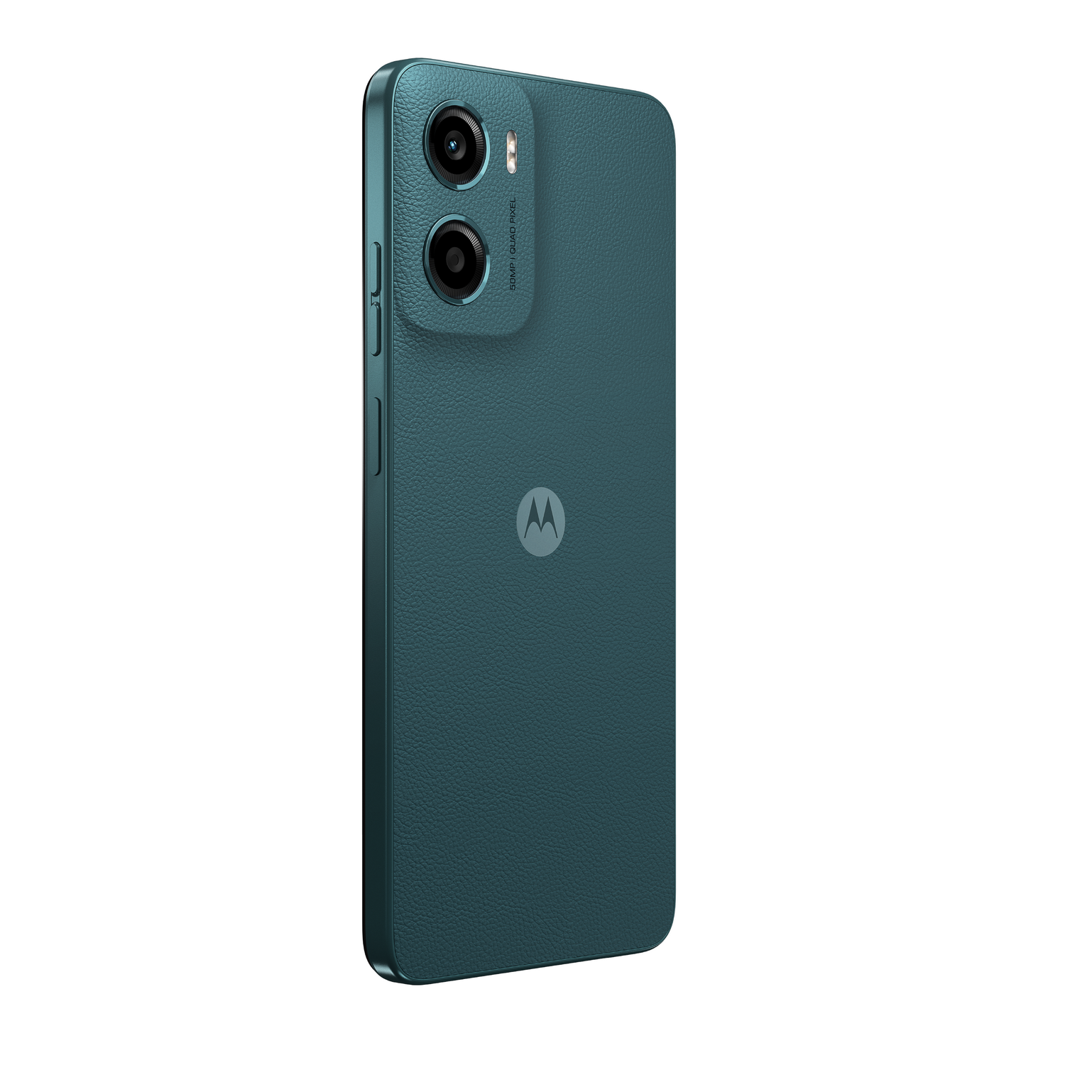 Un smartphone verde azulado desde atrás, mostrando cámaras y un logo. Fondo negro liso, bien iluminado.
