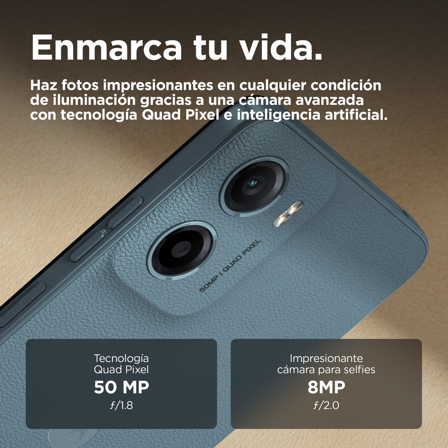 Un gráfico con texto sobre las funciones de la cámara de un smartphone. El fondo es de color gris azulado.