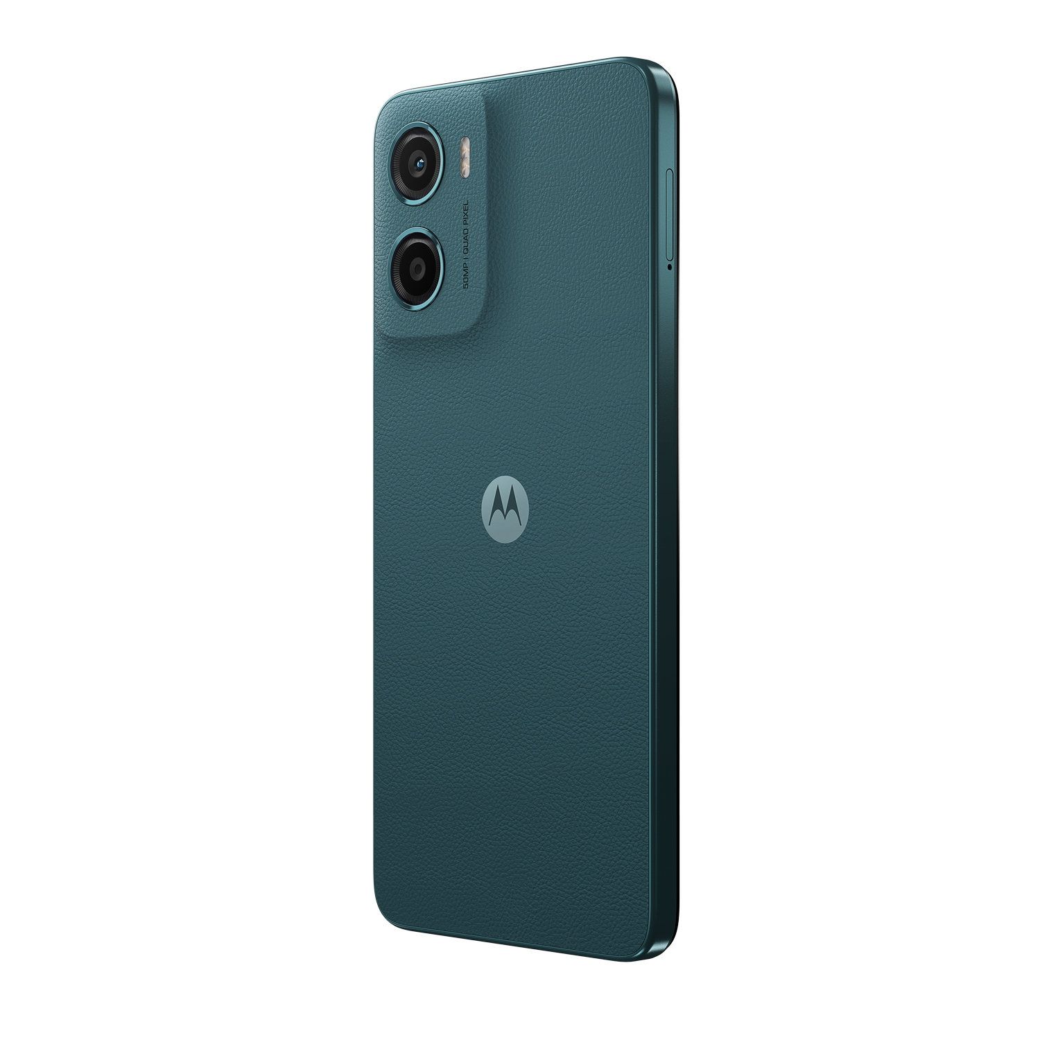 Un smartphone verde azulado desde atrás, mostrando cámaras y un logo. Fondo negro, bien iluminado.