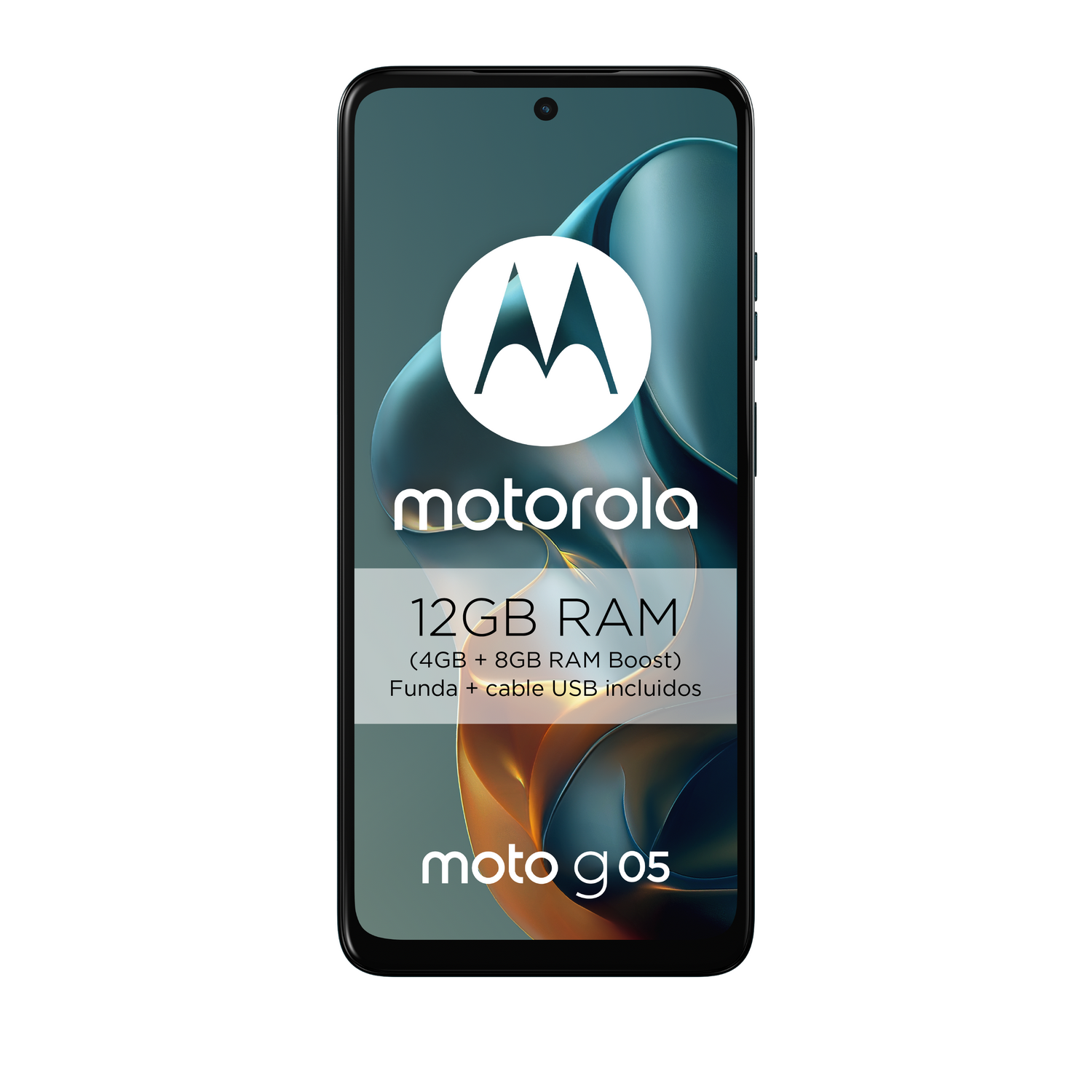 Pantalla del teléfono Motorola moto g05 con logo, 12GB RAM y detalles del producto, sobre fondo degradado.