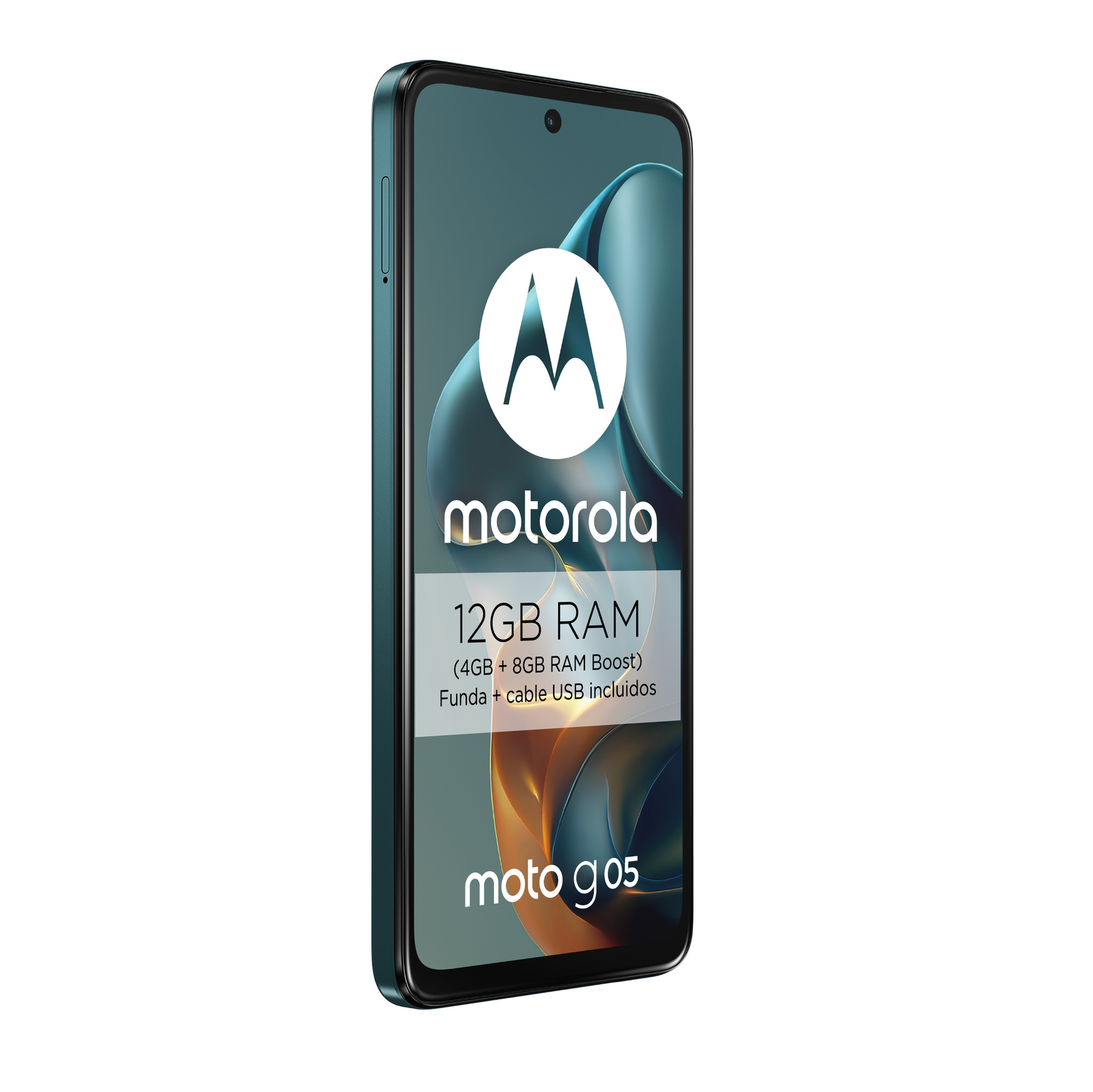 Teléfono Motorola moto g05, color turquesa, mostrado en ángulo, mostrando pantalla con logo y detalles.
