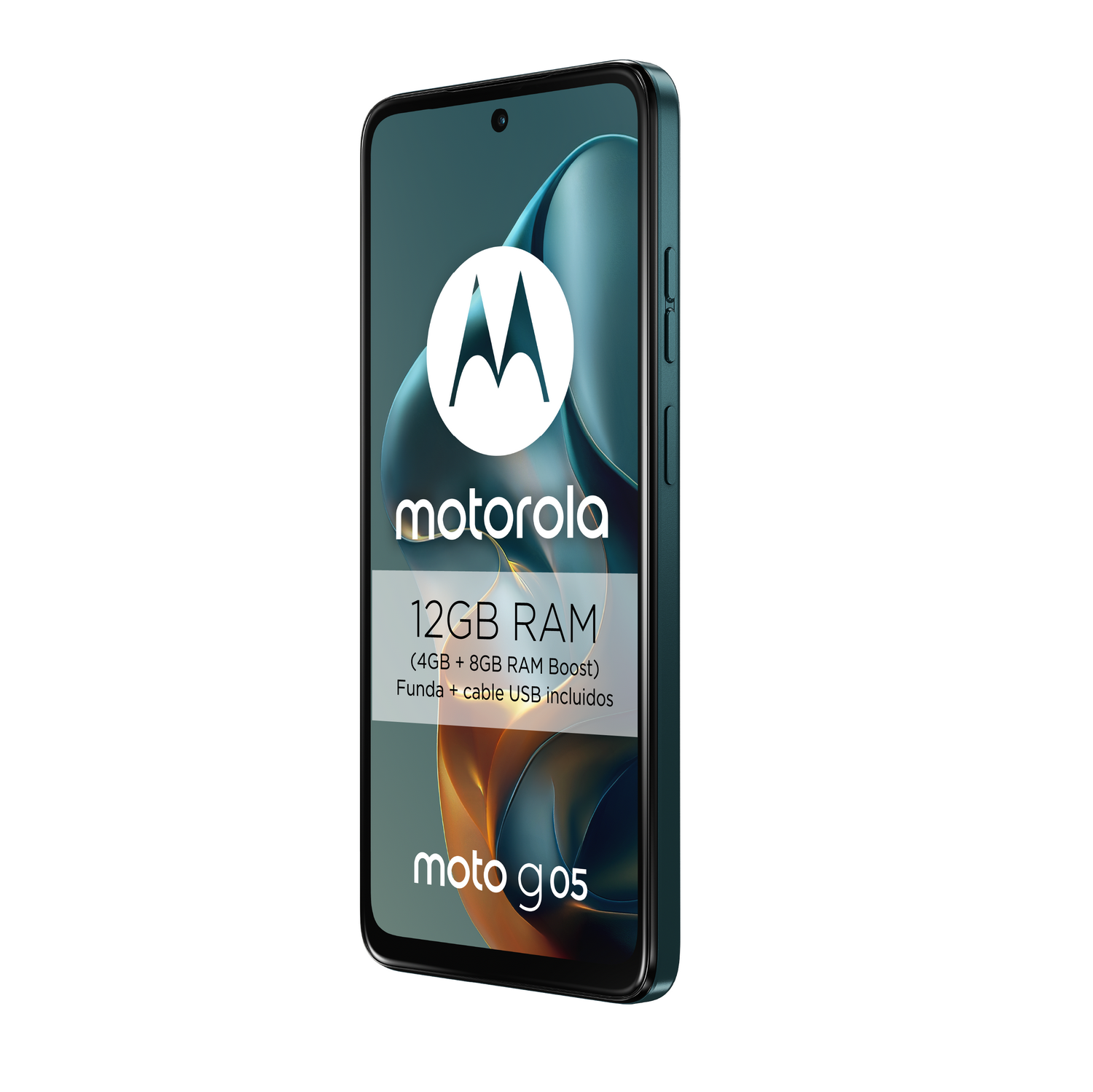 Teléfono Motorola moto g05, color turquesa, vista en ángulo, mostrando la pantalla con el logo y detalles.