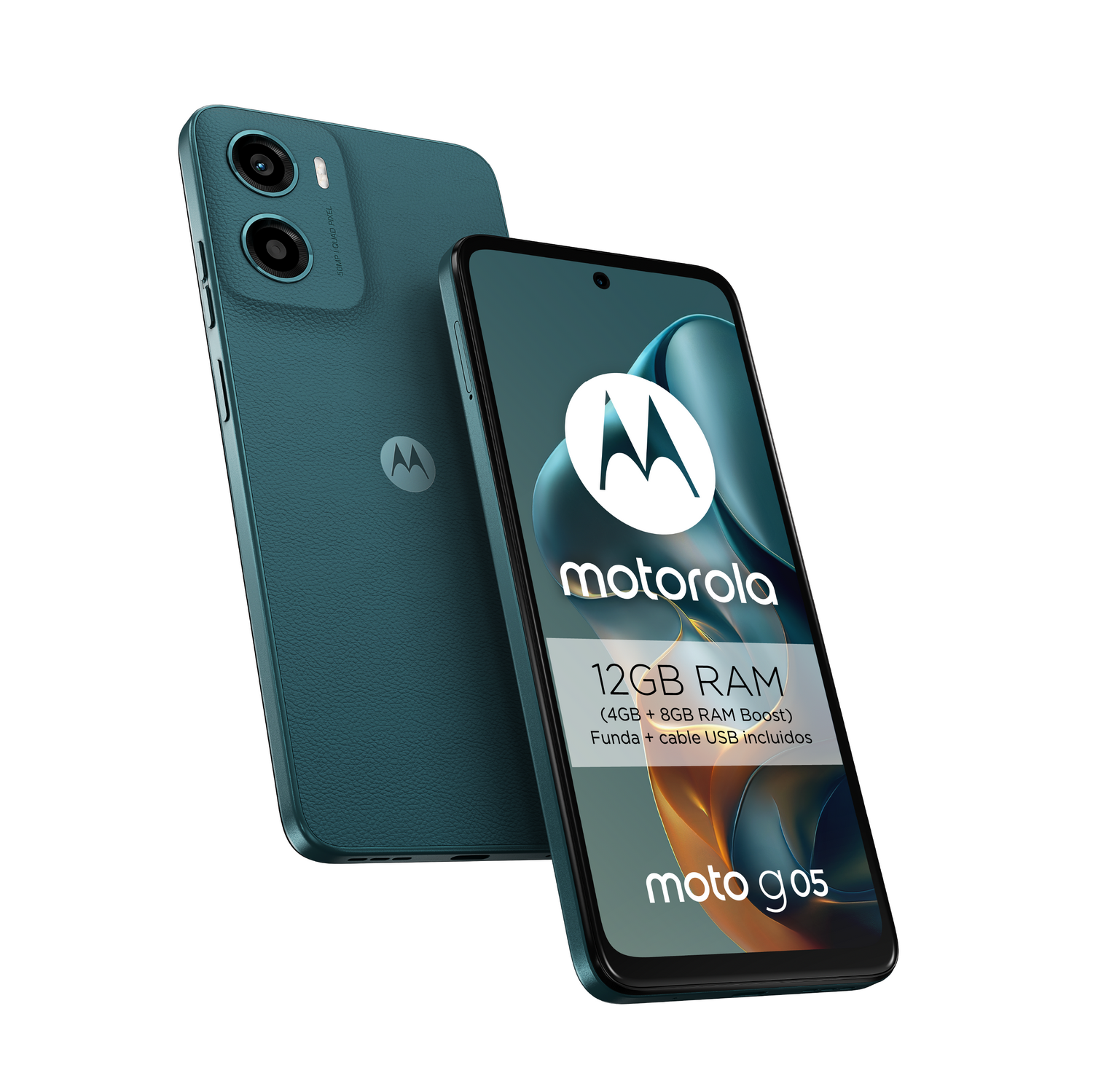Dos teléfonos Motorola moto g05 turquesa, uno en ángulo, mostrando la pantalla con logo y detalles.
