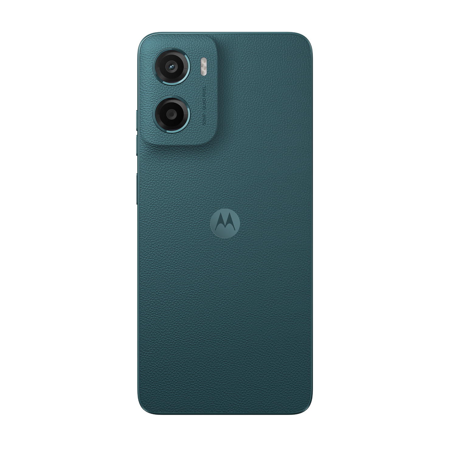 Parte trasera del teléfono Motorola moto g05 turquesa, mostrando la cámara, logo Motorola y panel trasero texturizado.
