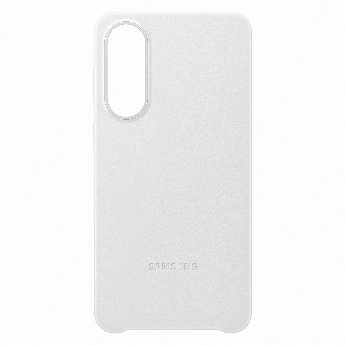 Beyaz telefon kılıfı. Kamera oyuğu ve Samsung logosu var. Düz beyaz arka plan.