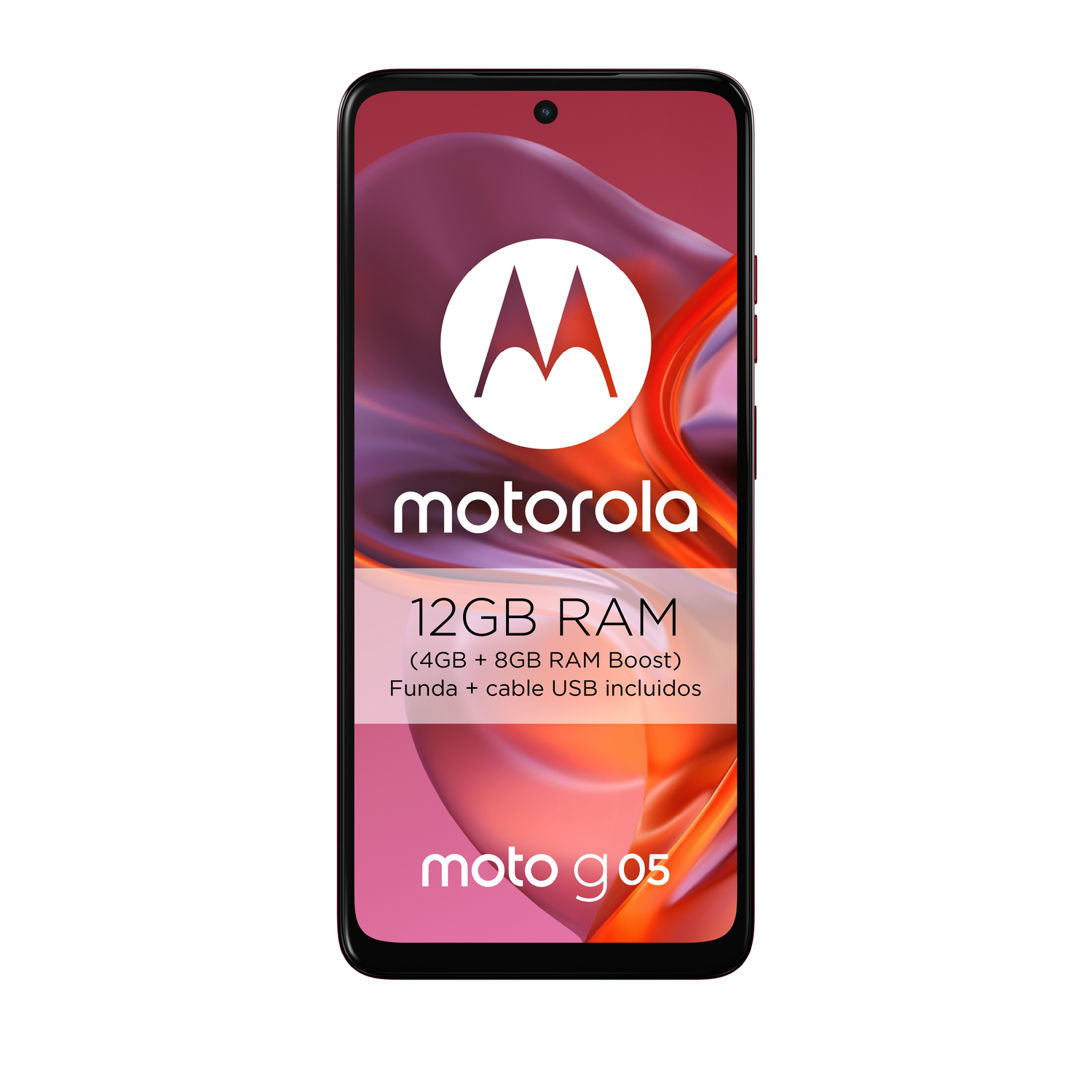 Teléfono Motorola rojo, pantalla encendida, logo y texto visibles sobre fondo degradado.