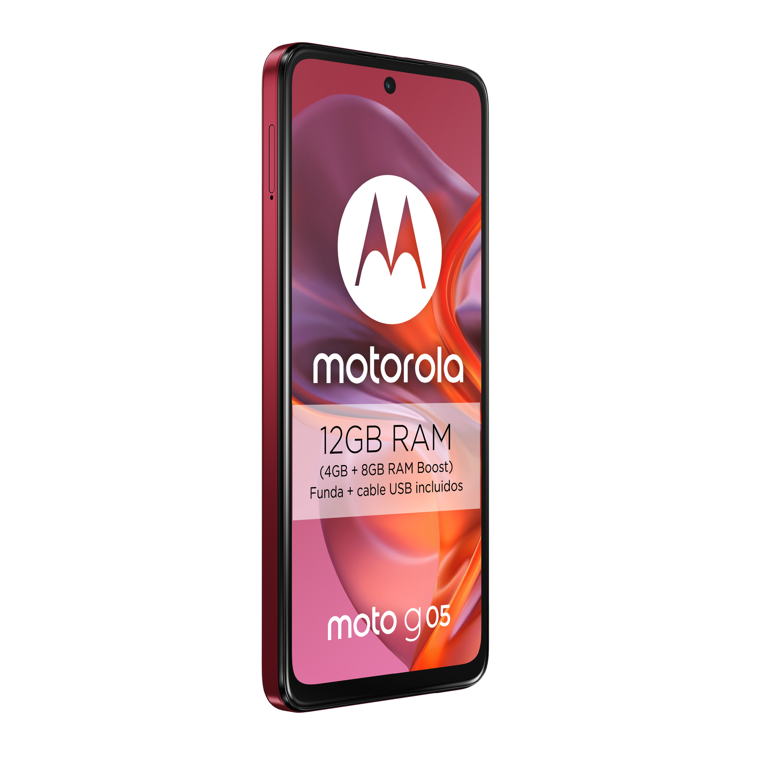 Teléfono Motorola rojo, vista de perfil, con la pantalla encendida y el logotipo de Motorola.