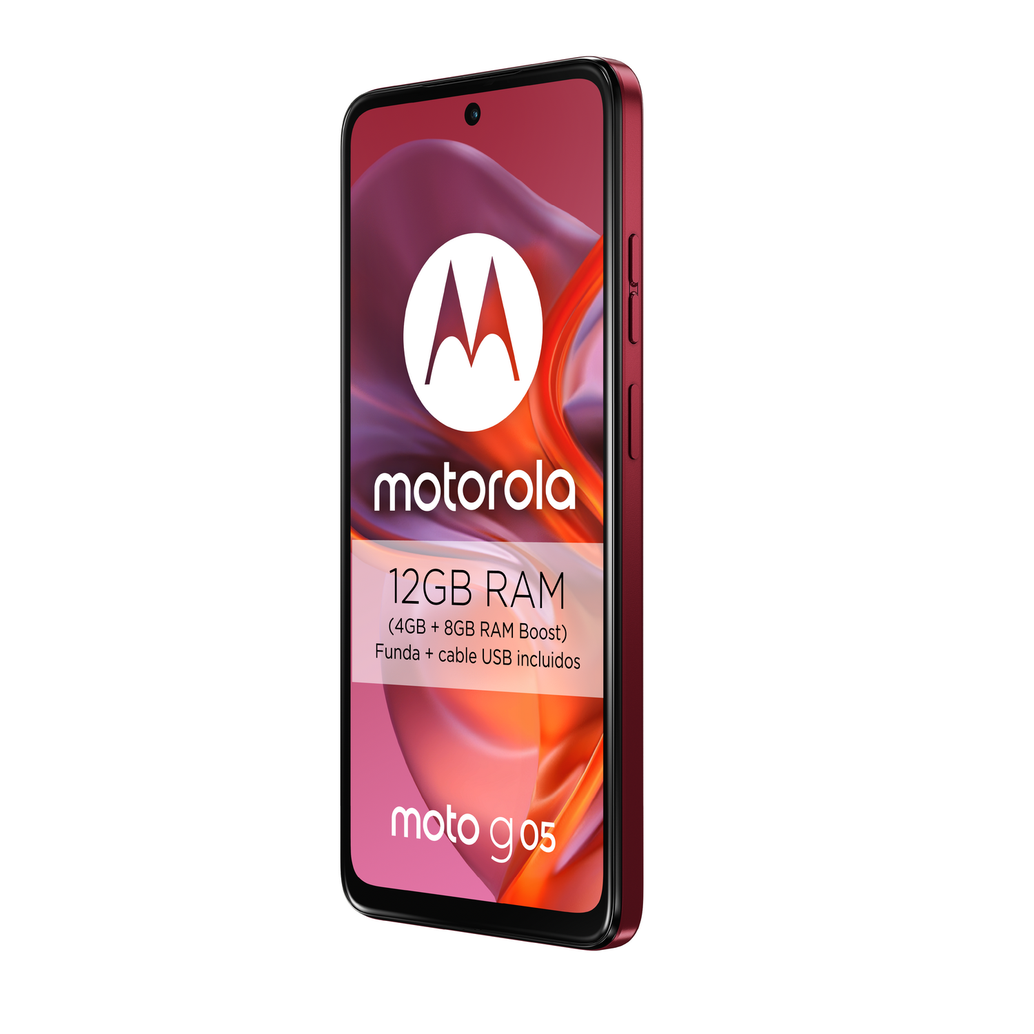 Teléfono Motorola rojo, vista de perfil, pantalla encendida, con logo y texto Motorola.