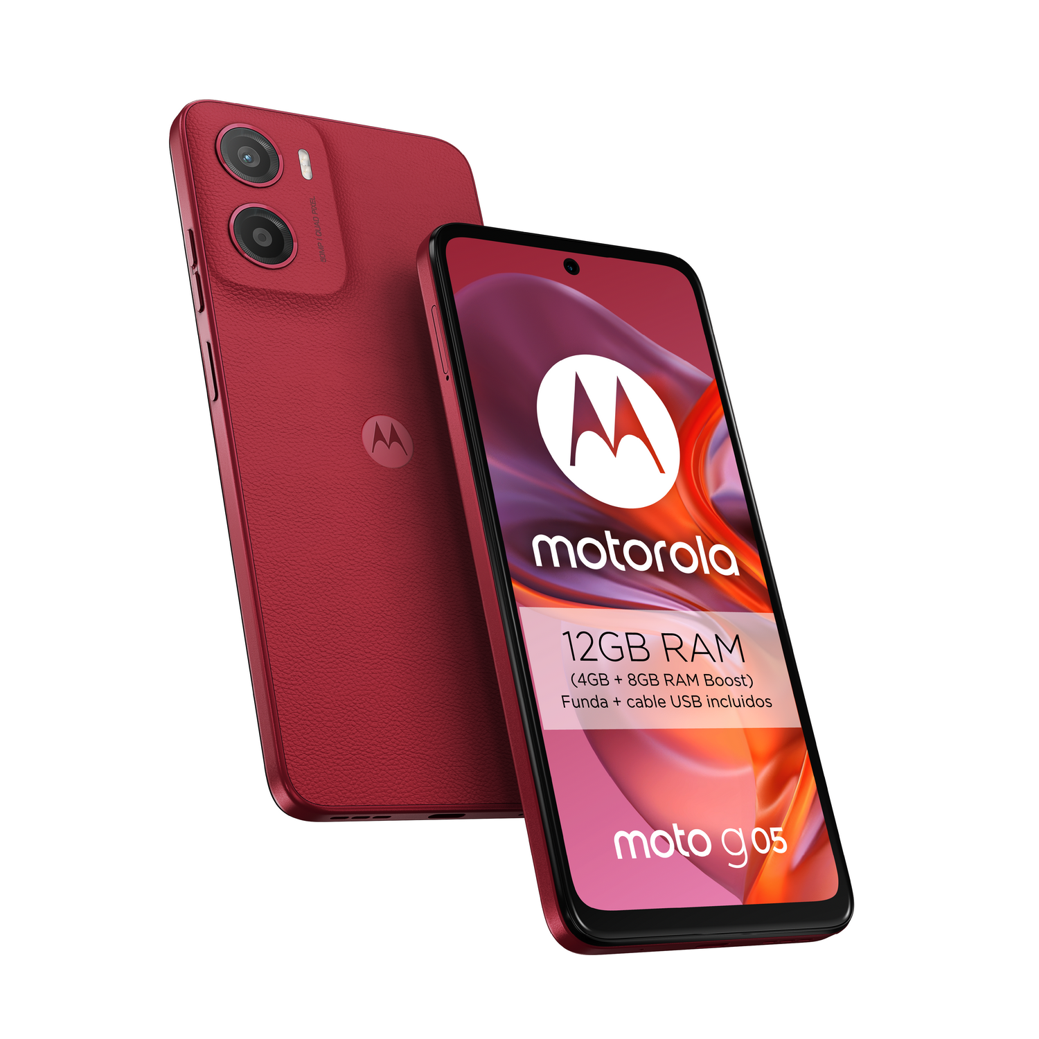 Teléfono Motorola rojo, vista trasera y de pantalla, con logo y texto Motorola.