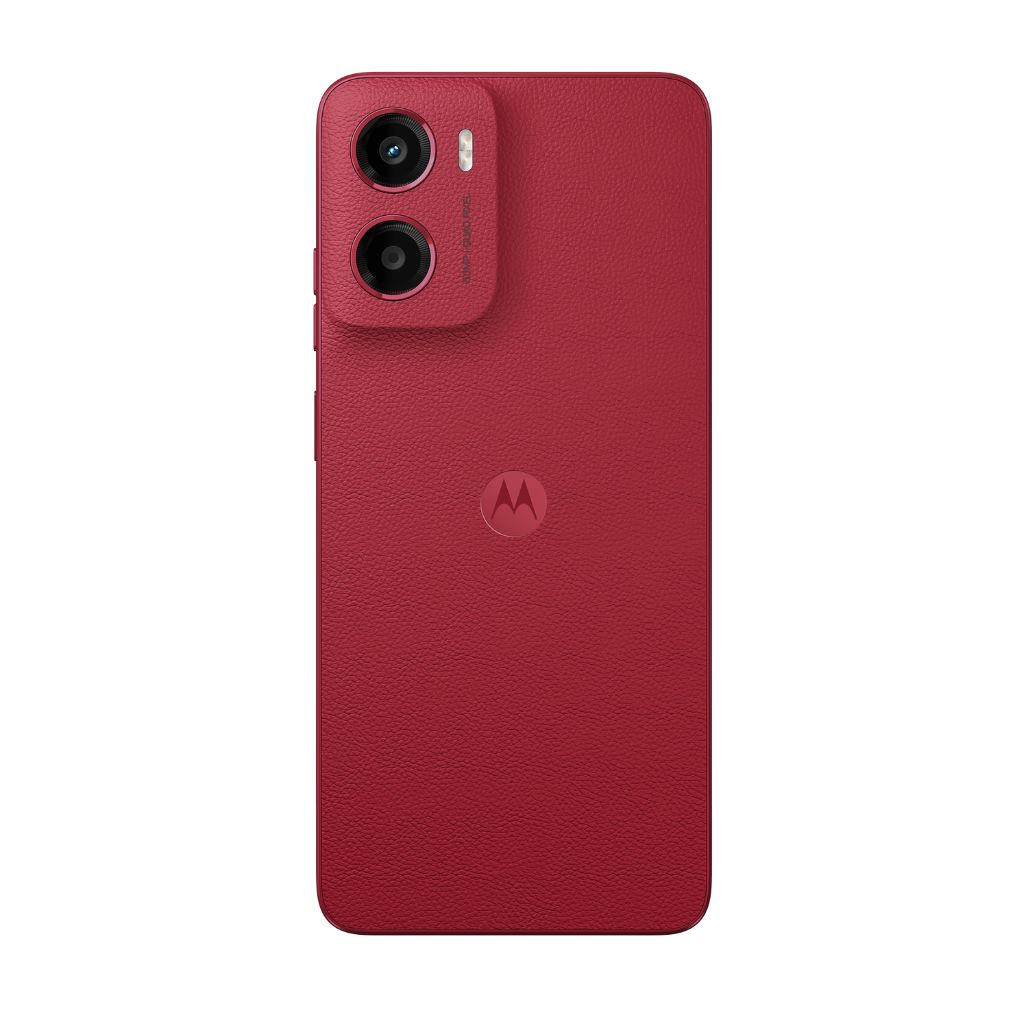 Parte trasera del teléfono Motorola rojo, dos cámaras y el logo de Motorola centrado.