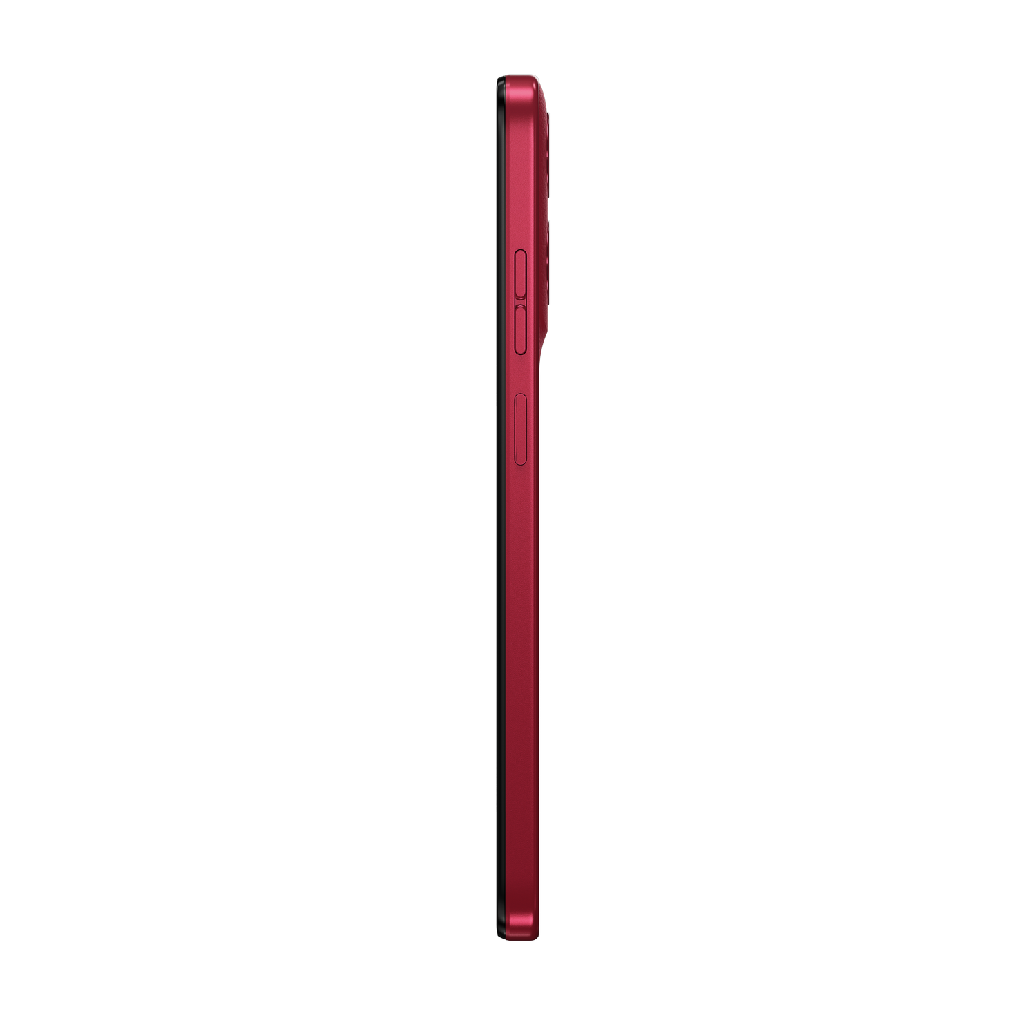 Vista lateral del teléfono Motorola rojo, con botones de volumen y encendido visibles.