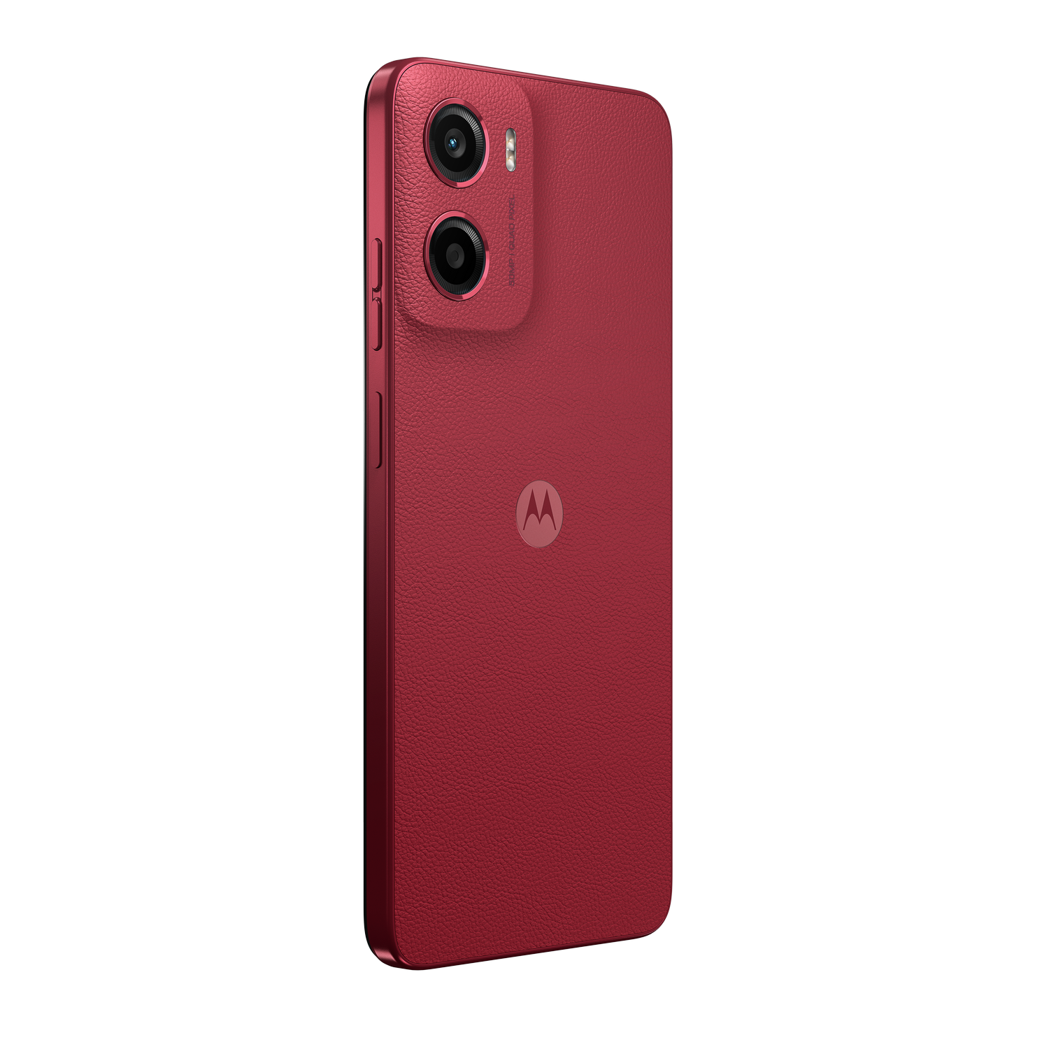 Parte trasera del teléfono Motorola rojo, dos cámaras y el logo Motorola, visto en diagonal.