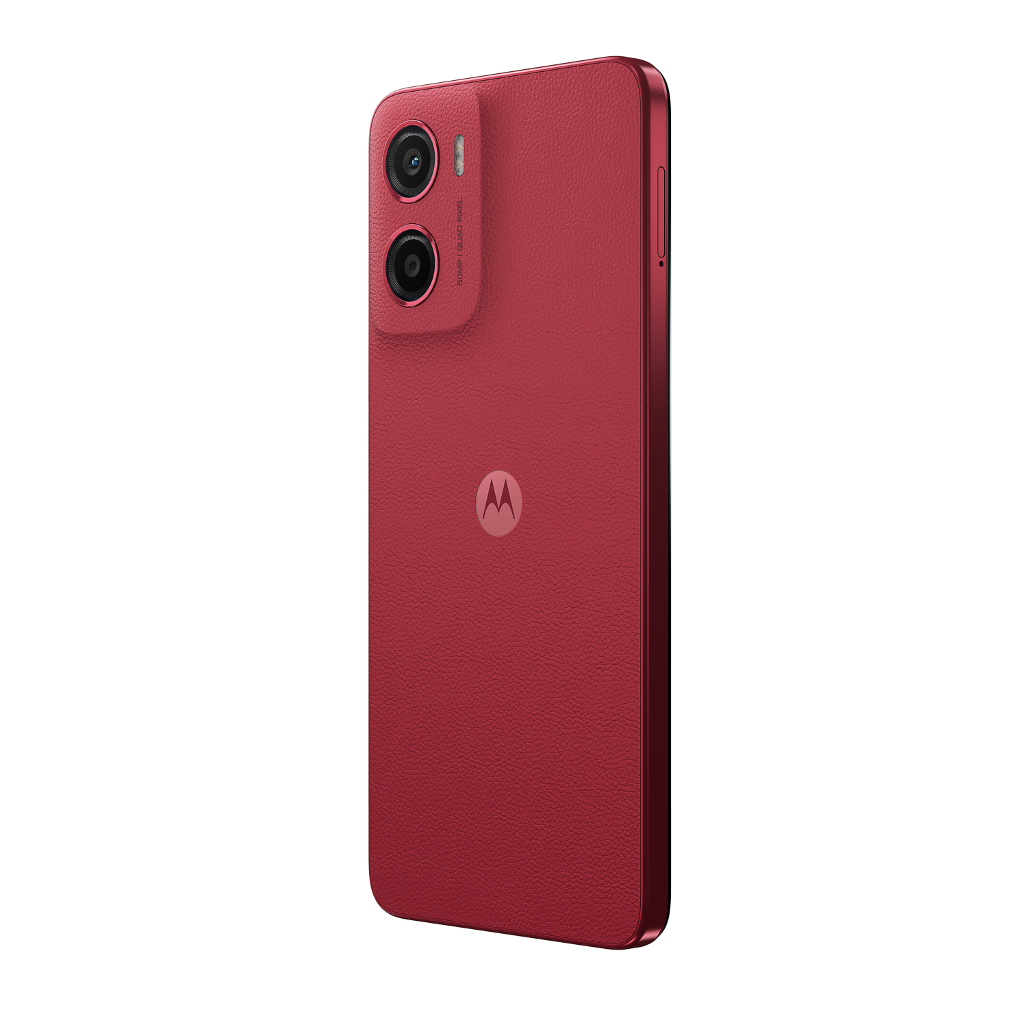 Vista trasera del smartphone rojo. Cuenta con cámara dual y el logo de Motorola. Fondo negro.