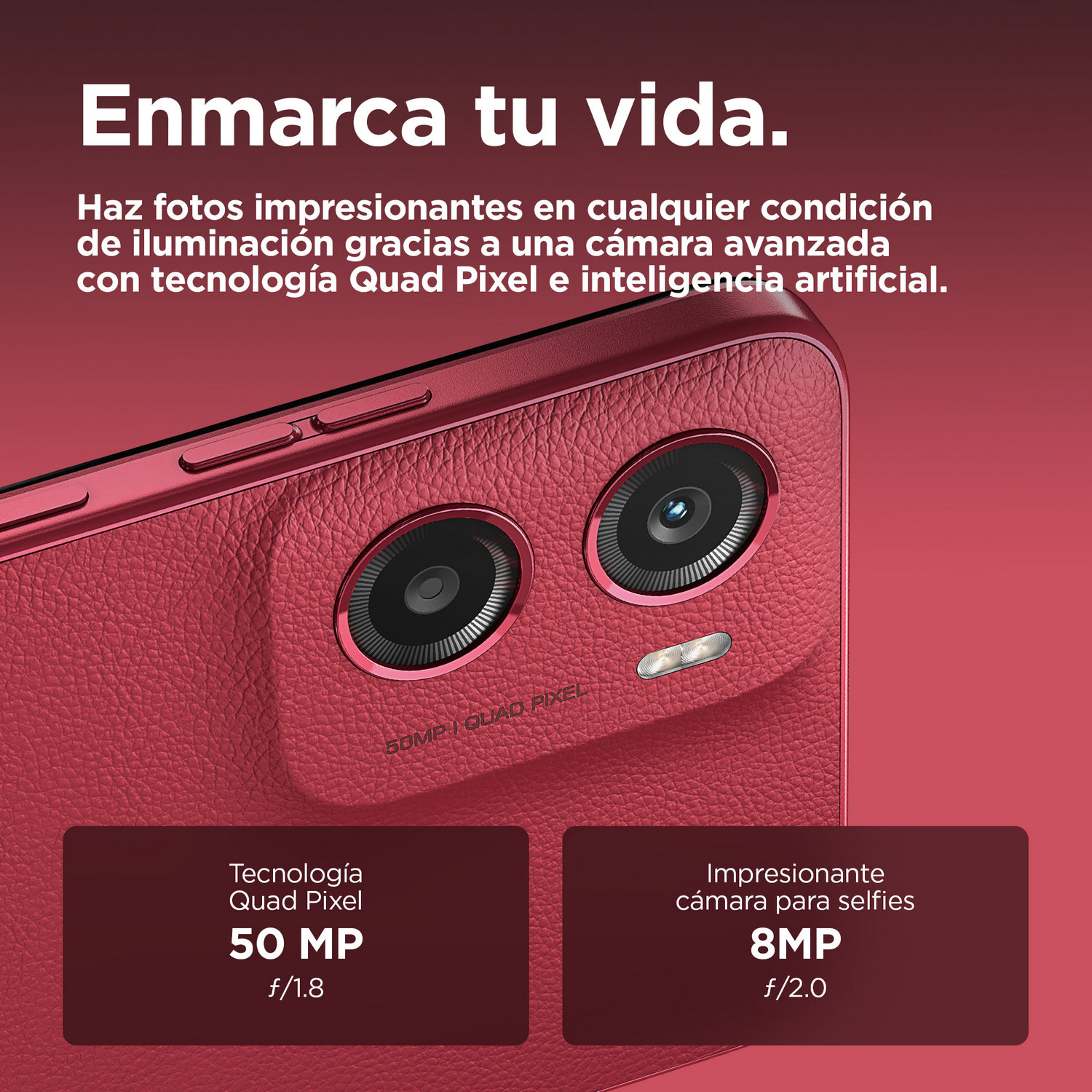 Smartphone rojo, primer plano de la cámara. Texto: 50MP, 8MP. Fondo negro.