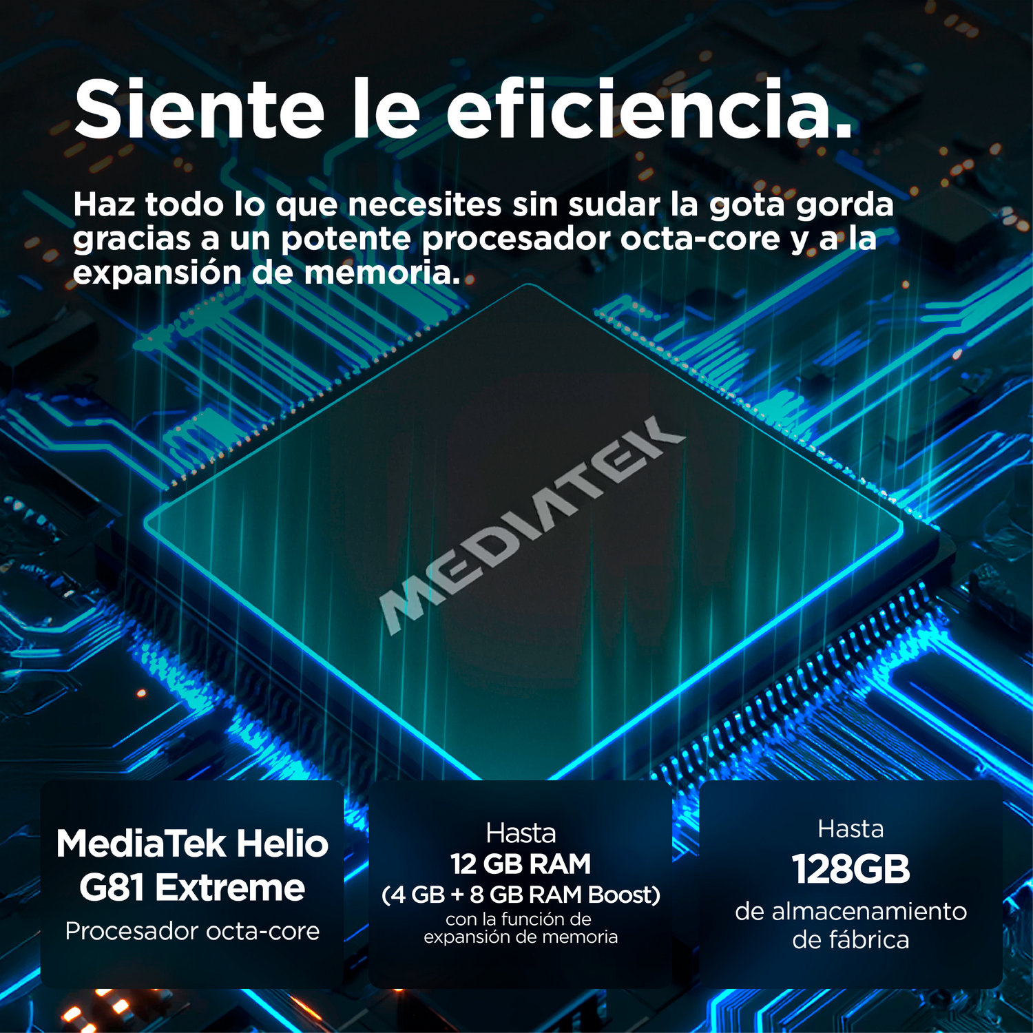 Primer plano de un procesador. Texto: MediaTek Helio G81 Extreme. Fondo azul.