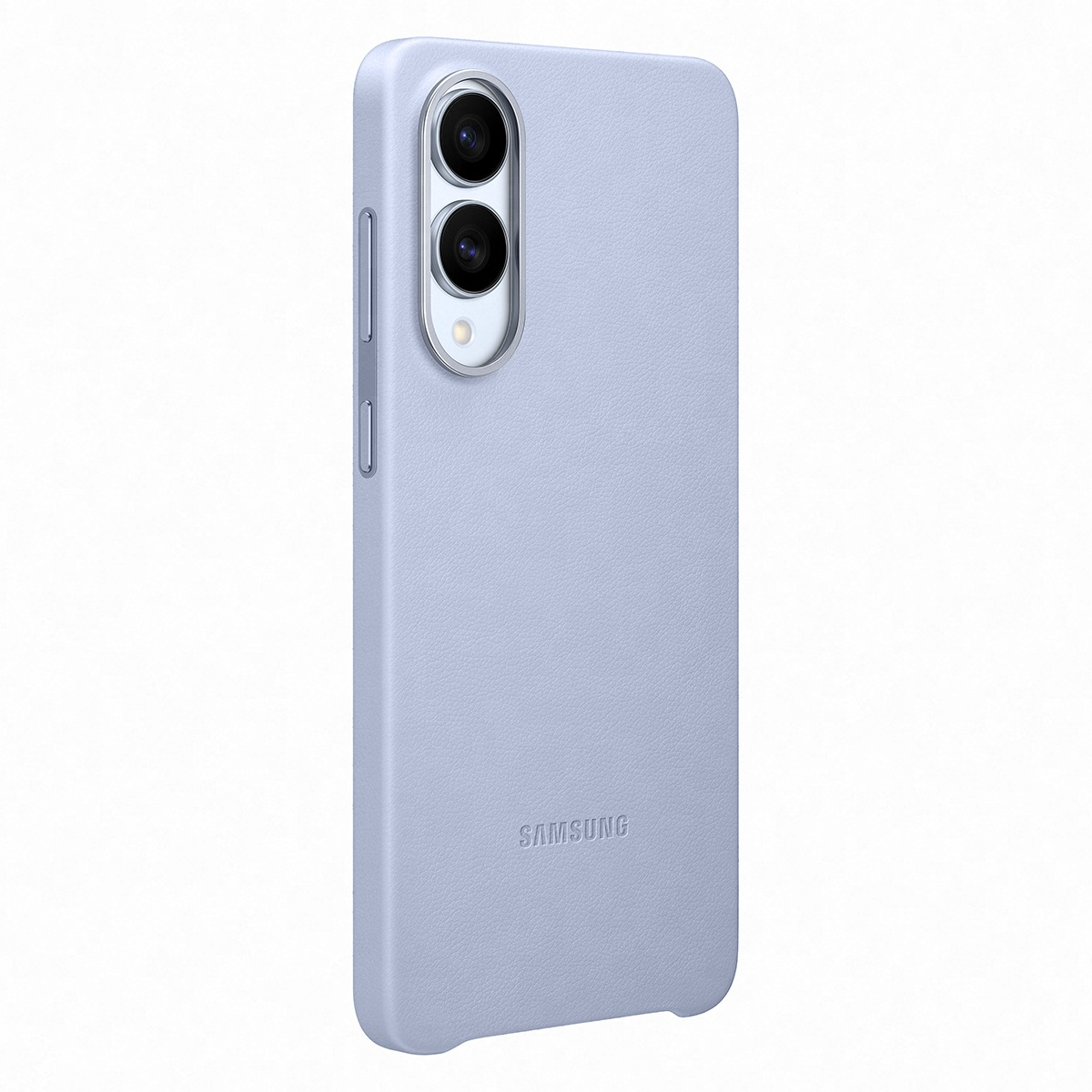 Kamera oyuntuları olan açık mavi telefon kılıfı. SAMSUNG kelimesi altta.