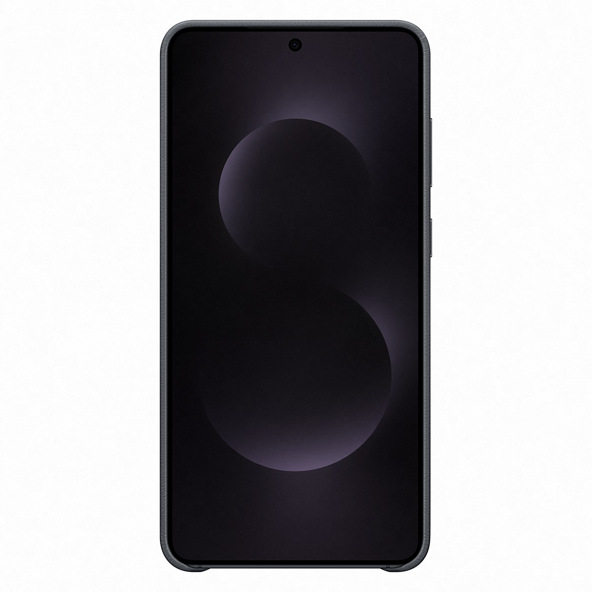 Koyu gri telefon kılıfı, arka görünüm. Oval bir kamera oyuğuna ve bir Samsung logosuna sahip.
