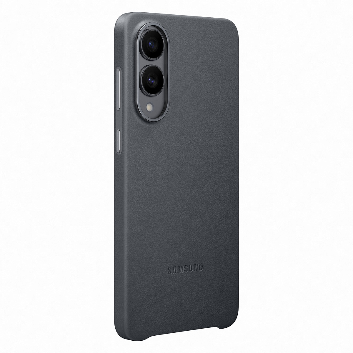Telefonlu koyu gri telefon kılıfı. Oval bir kamera oyuğuna ve bir Samsung logosuna sahip.