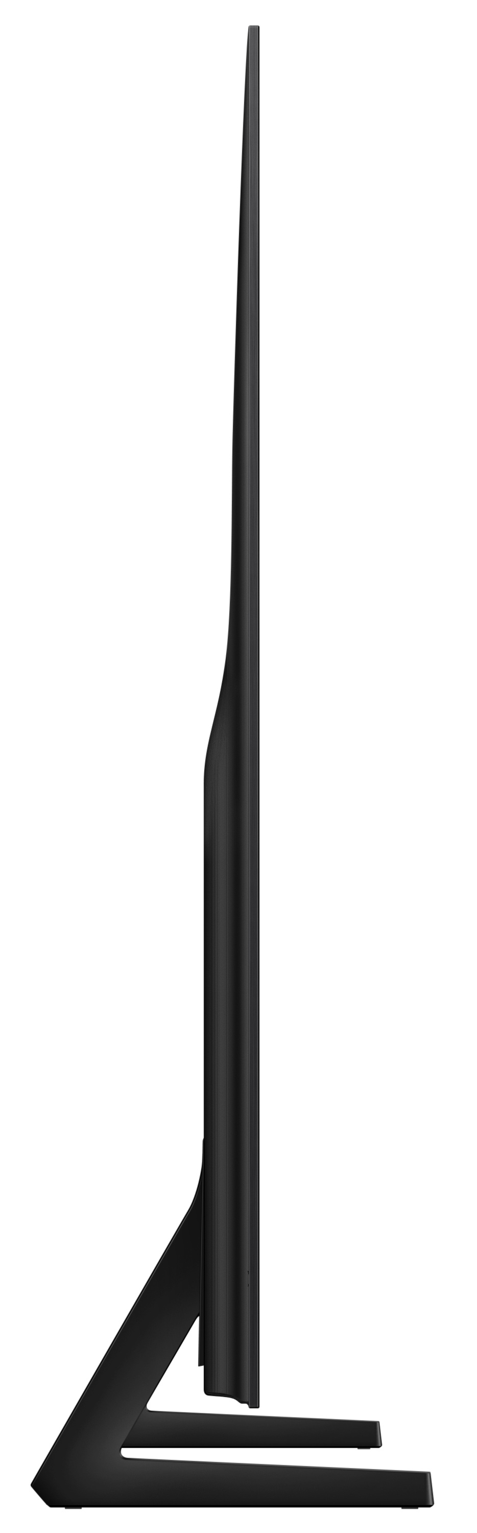 Widok z boku czarnego telewizora Samsung OLED, pokazujący smukły profil i podstawę.