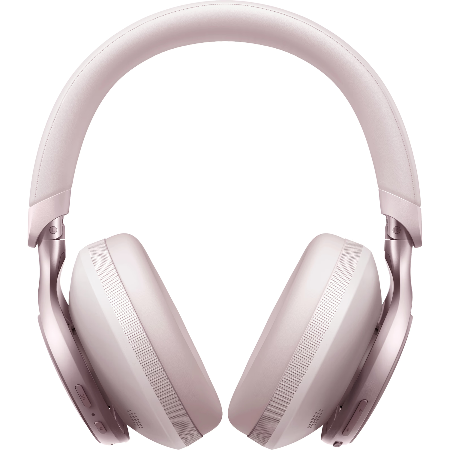 Roze koptelefoon met oorschelpen en hoofdband, witte achtergrond.