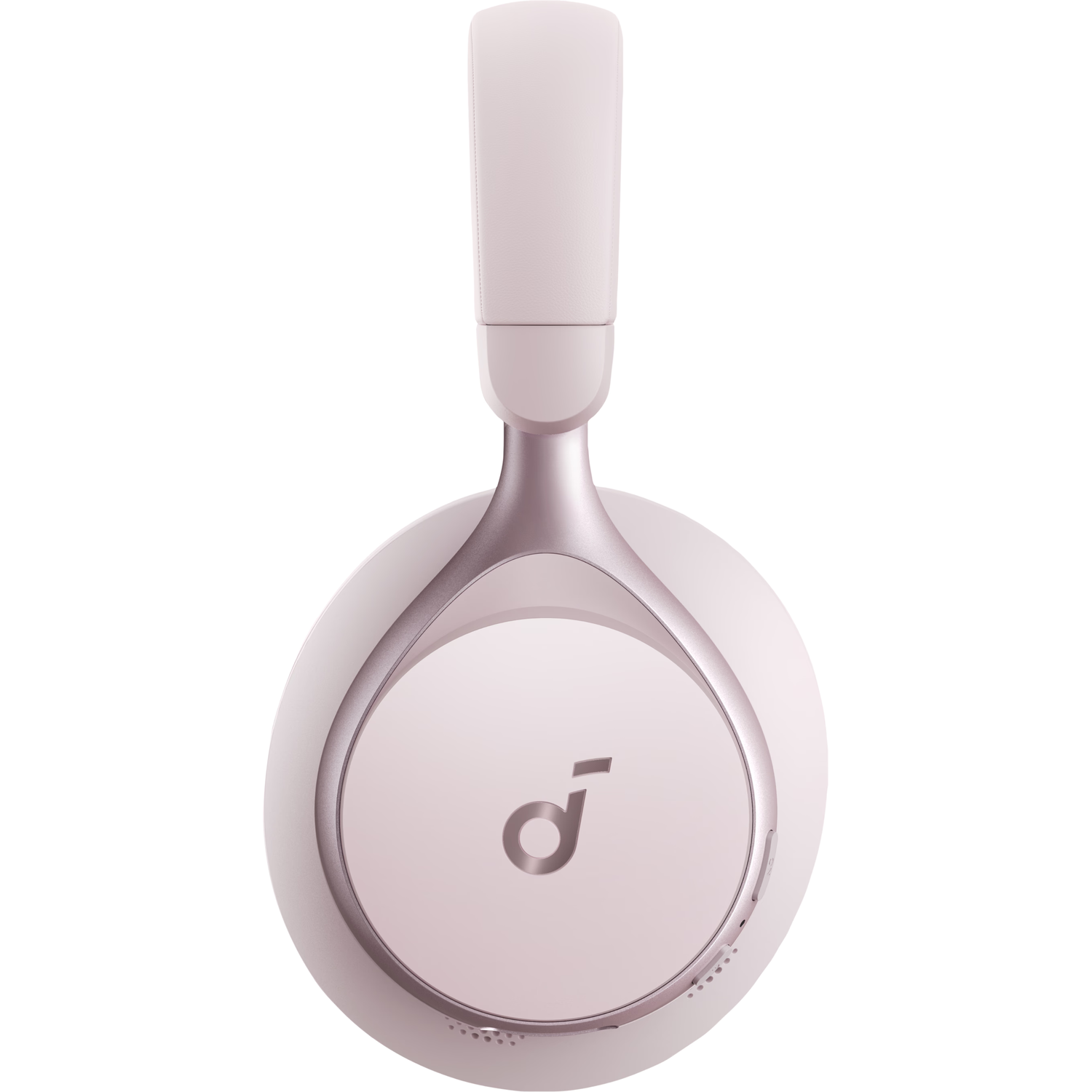 Roze koptelefoon. Anker-logo op de oorschelp, witte achtergrond.