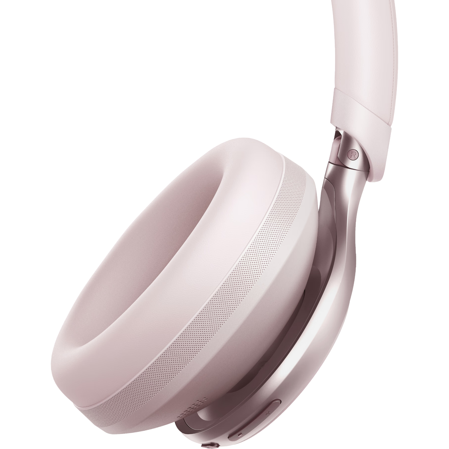 Roze koptelefoon met schuine oorschelp, witte achtergrond.
