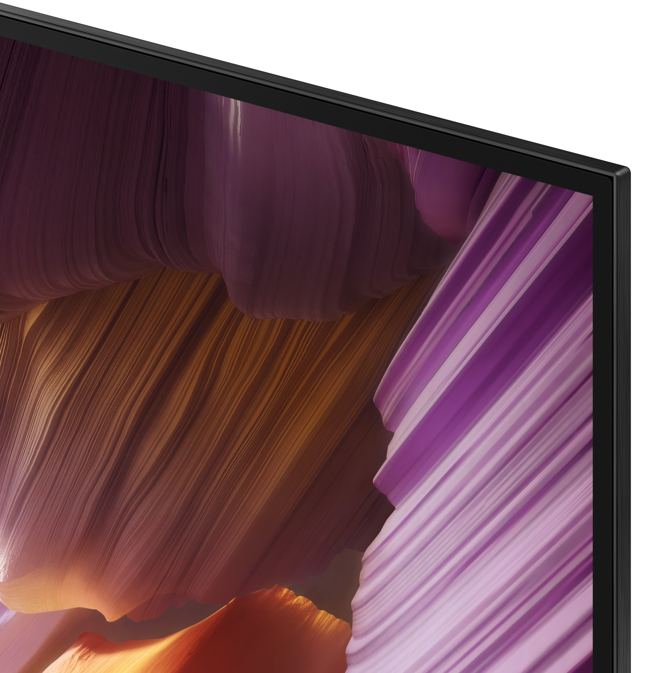 Zbliżenie rogu telewizora Samsung OLED. Ekran wyświetla kolorowy, abstrakcyjny obraz.