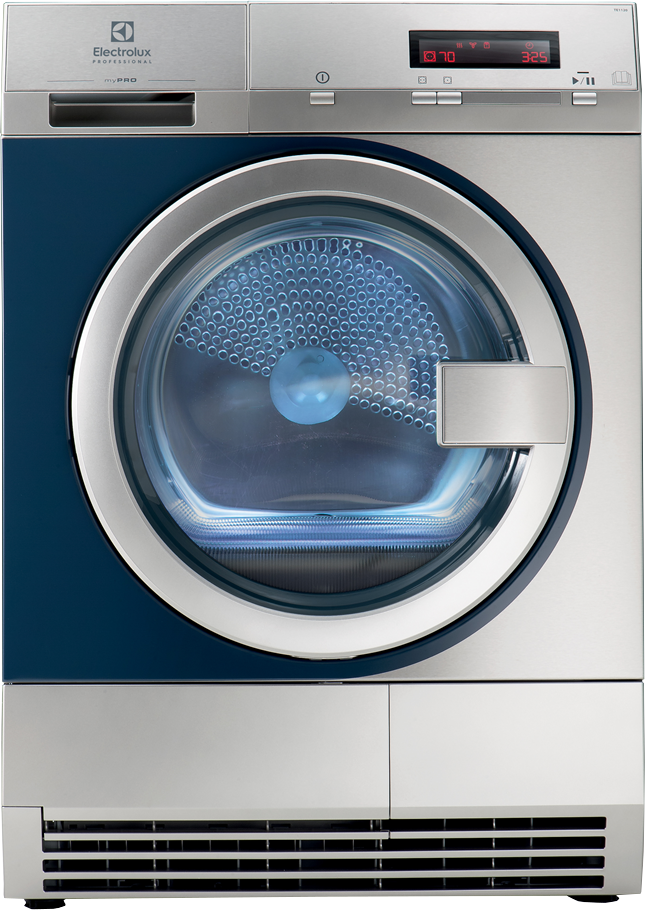 Vorderansicht eines Electrolux-Trockners, blaue Tür, silberne Verkleidung und Digitalanzeige.