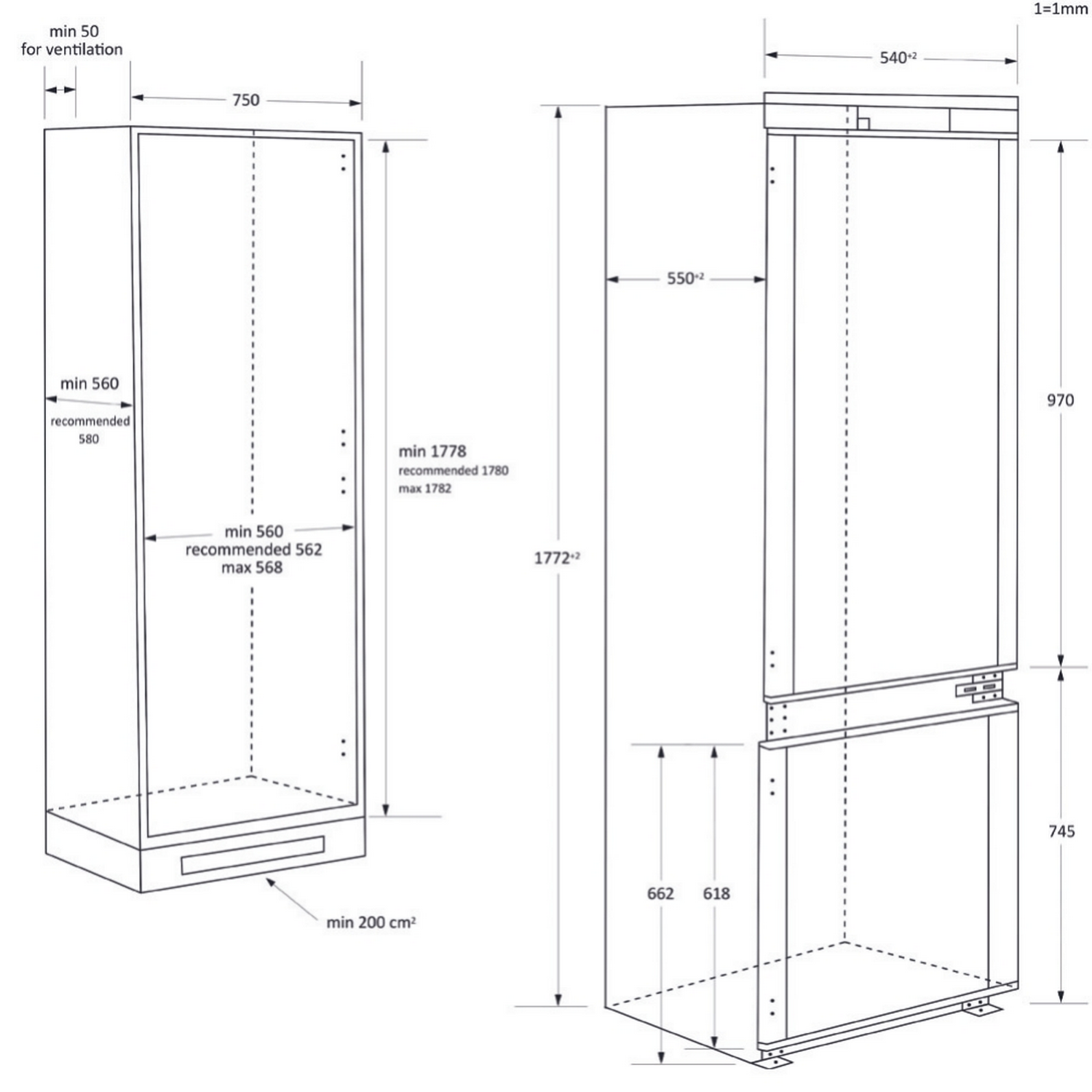 Dos diagramas de gabinete con medidas y dimensiones.