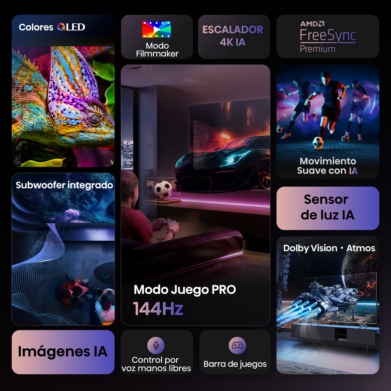 Pantalla con varias funciones: colores QLED, Modo Filmmaker, escalador 4K IA y FreeSync.