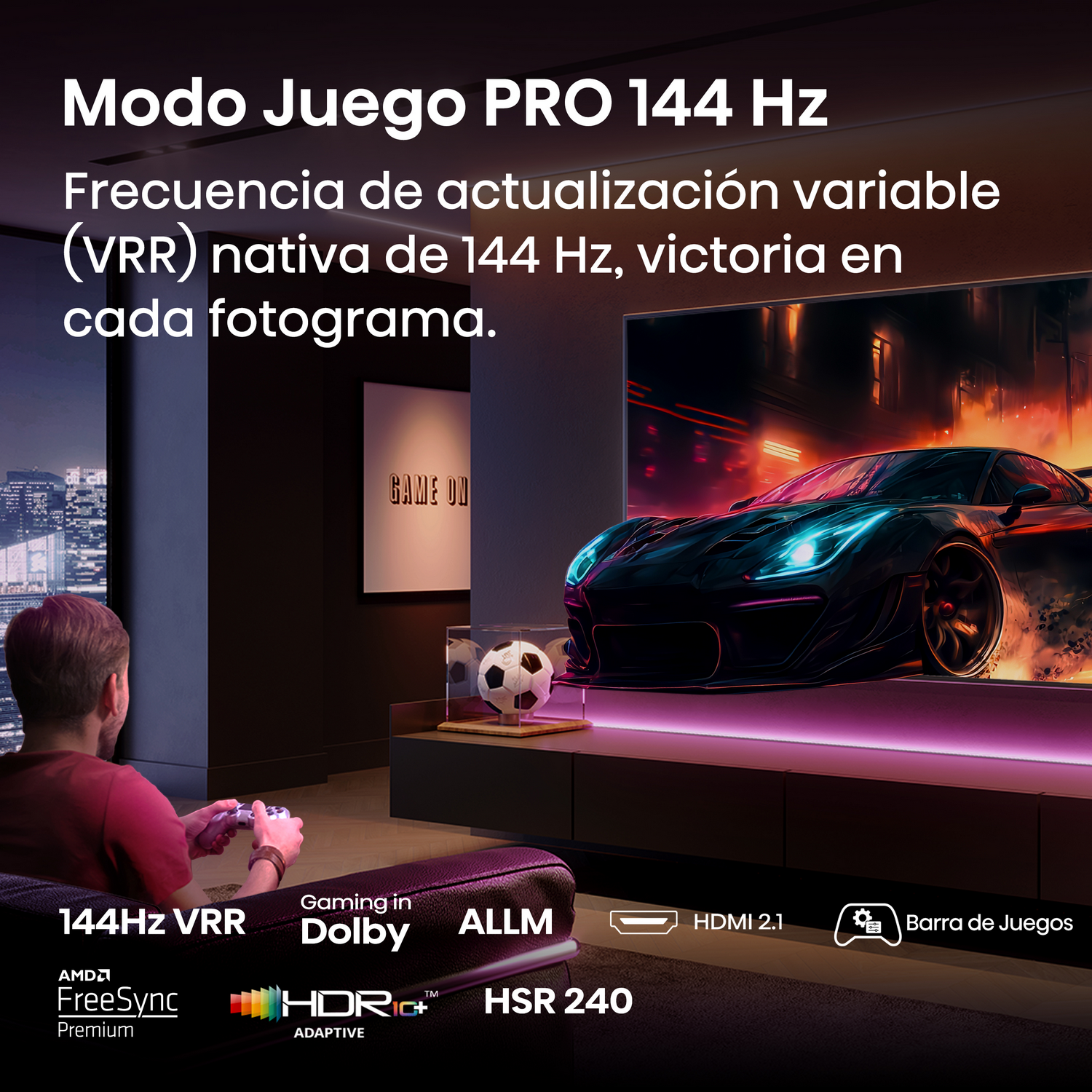 Pantalla para juegos con 144Hz VRR, HDR y HDMI 2.1, mostrando un juego de carreras de coches.