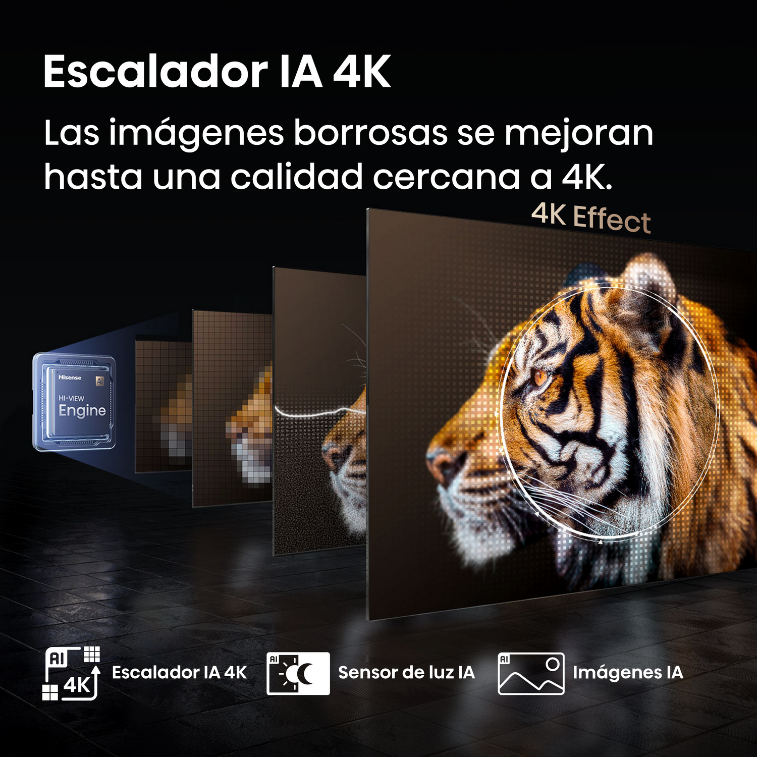 Pantalla mostrando imágenes borrosas mejoradas a calidad cercana a 4K con escalador IA, mostrando un tigre.