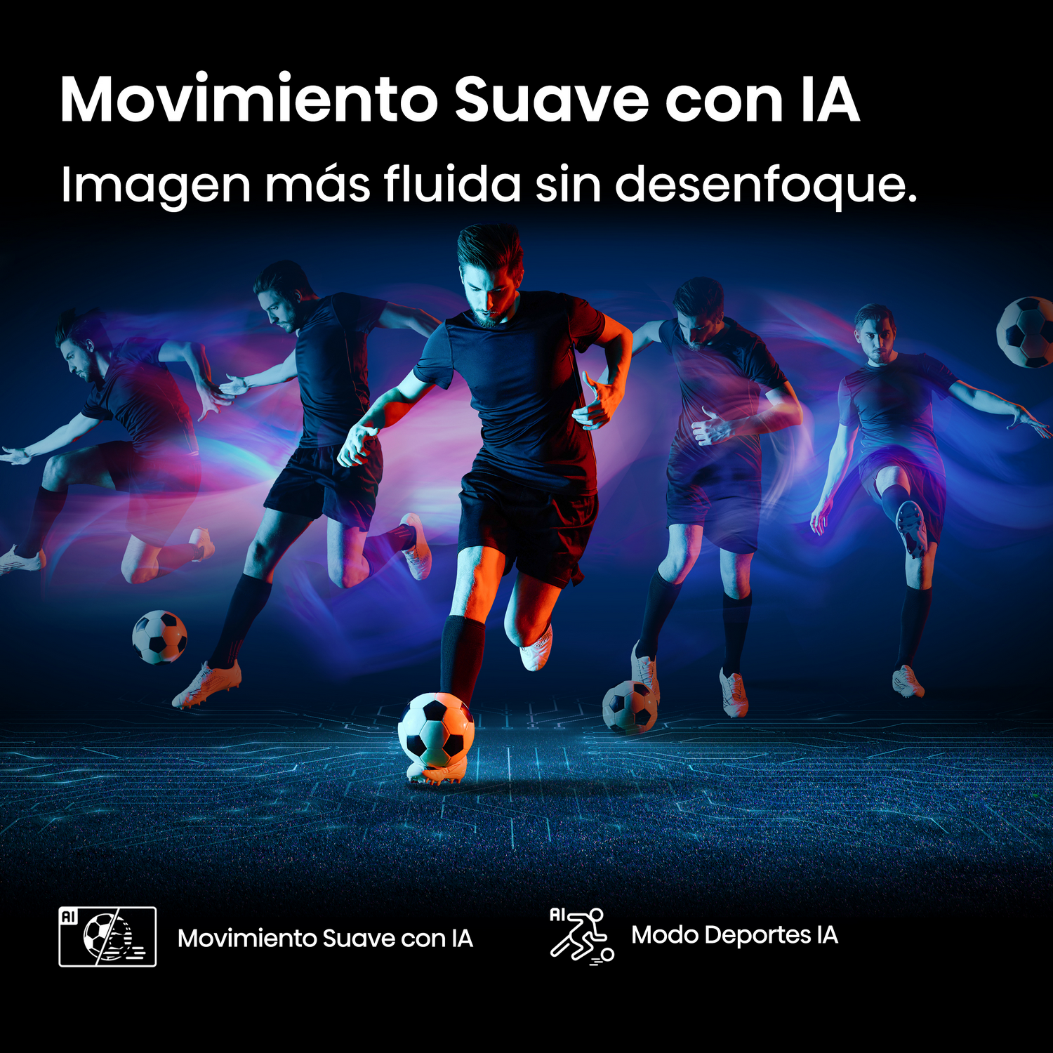 Jugadores de fútbol en acción, imagen mejorada por IA para un movimiento más suave, mostrada en pantalla.