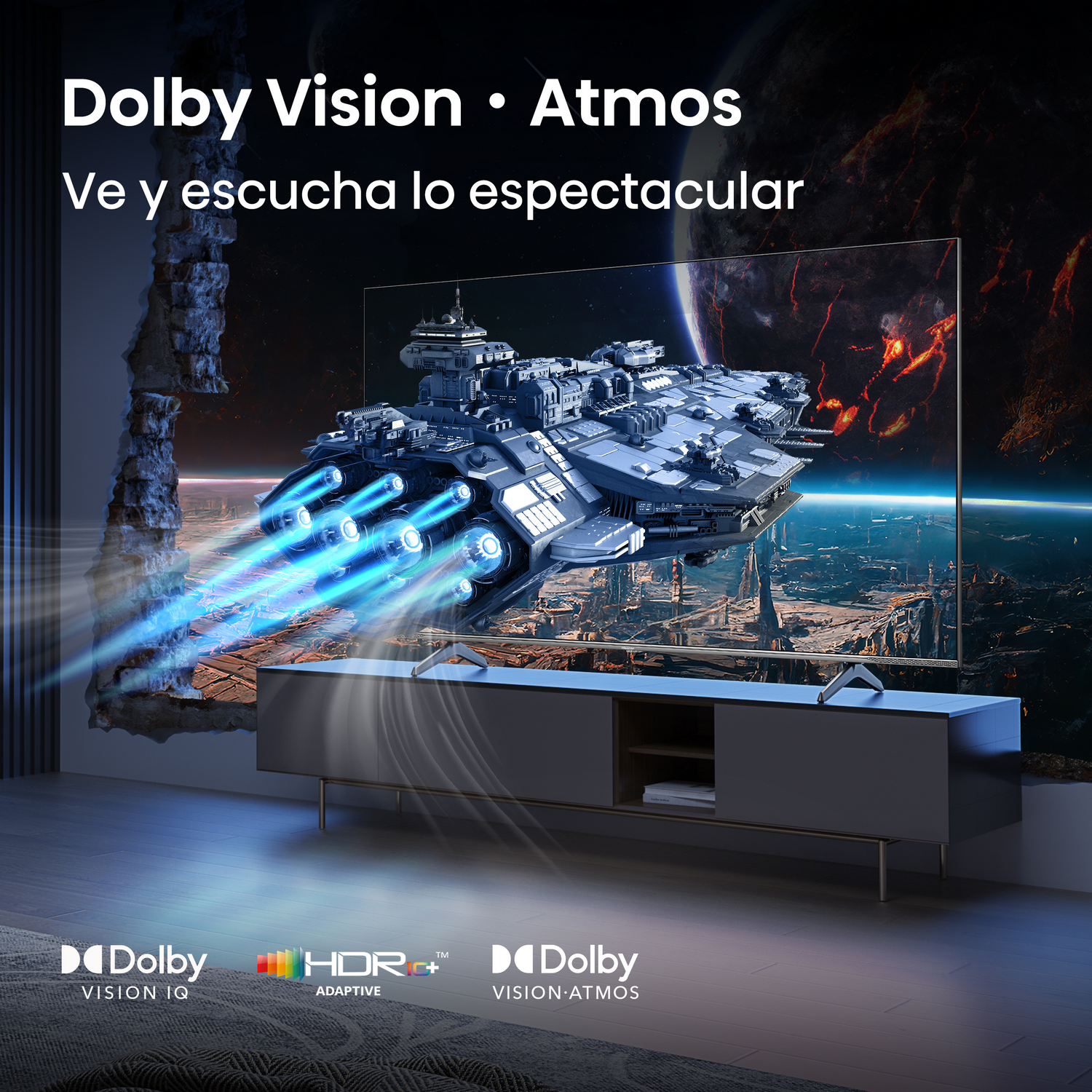 Pantalla muestra una nave espacial en el espacio, mejorada con Dolby Vision y Atmos para una experiencia inmersiva.
