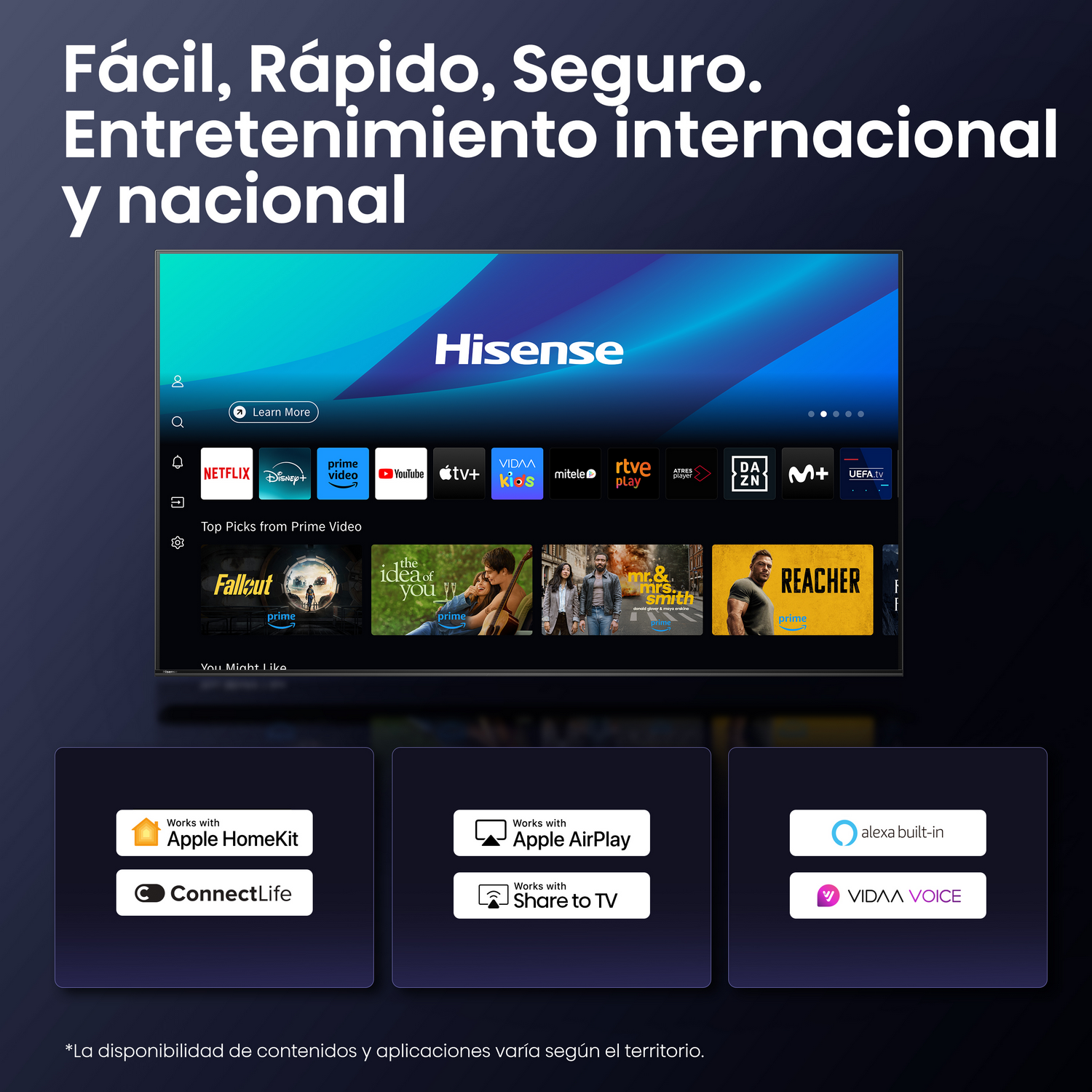 Pantalla mostrando la interfaz Hisense, con iconos de aplicaciones como Netflix, Prime Video y otros servicios.