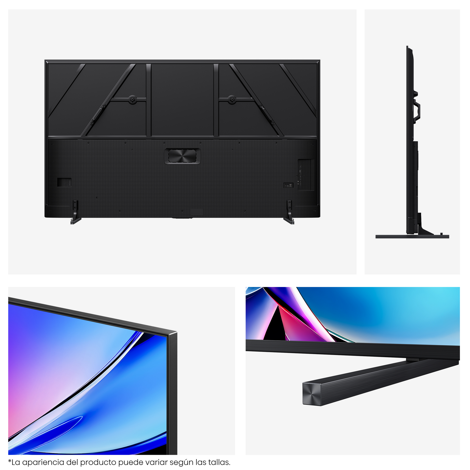 Varias vistas de un televisor: Parte trasera, lateral y detalles de la pantalla y el soporte.