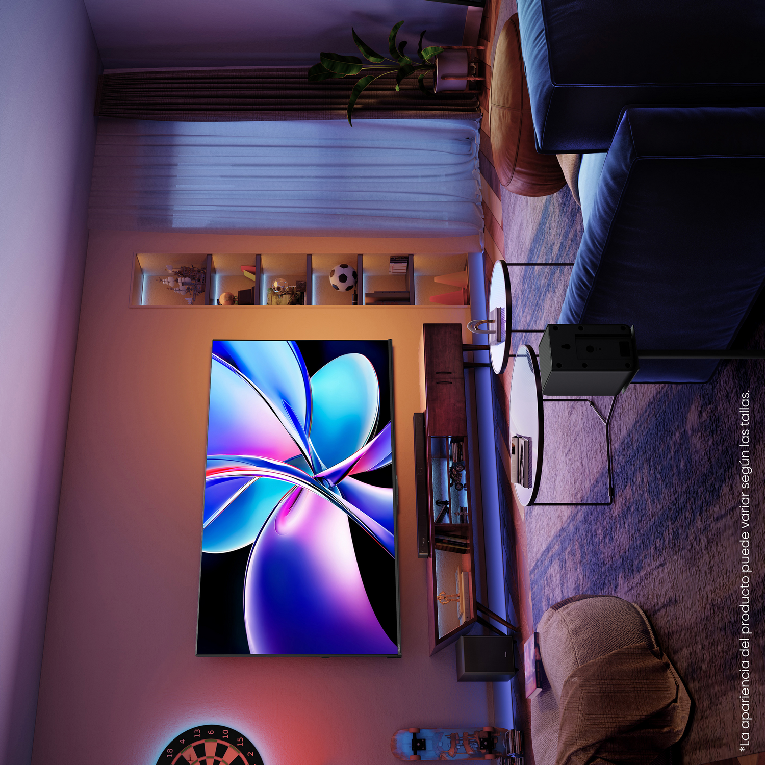 Un televisor en una pared, que muestra una imagen abstracta colorida, con un entorno de habitación.