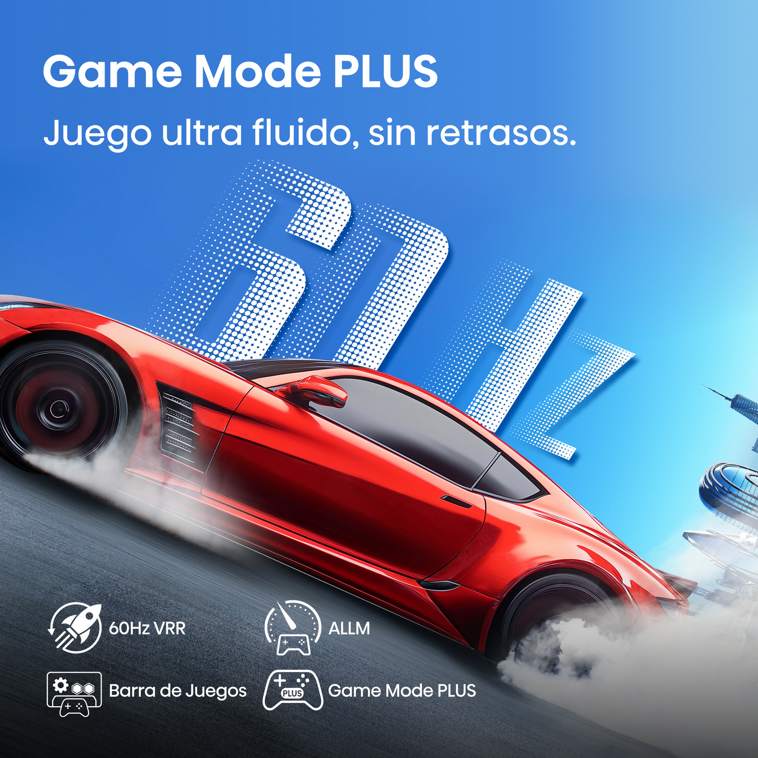 Coche deportivo rojo, humo, texto Modo Juego Plus, 60Hz VRR, ALLM.
