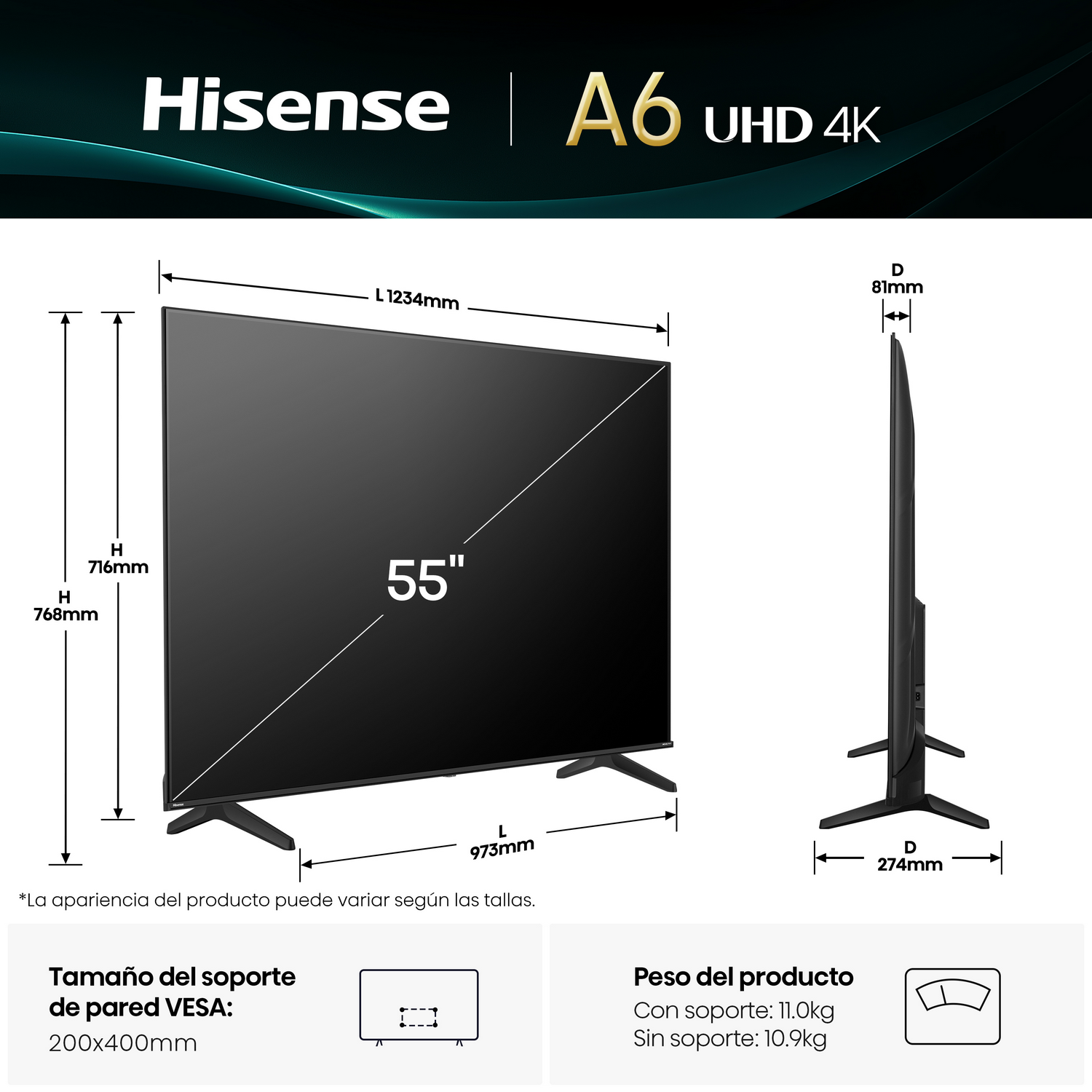 Dimensiones del TV y detalles del producto, Hisense A6 UHD 4K, pantalla 55 pulgadas.