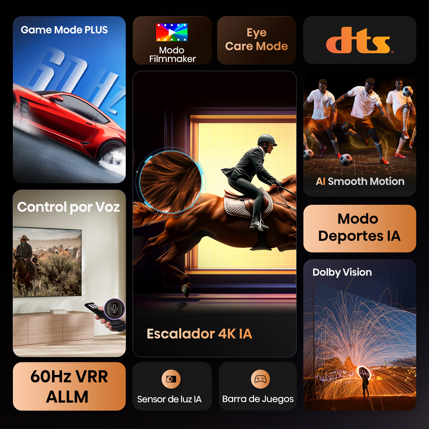 Características TV Hisense: Modo Juego, Modo Cineasta, Modo Cuidado Ojos, AI Smooth Motion.