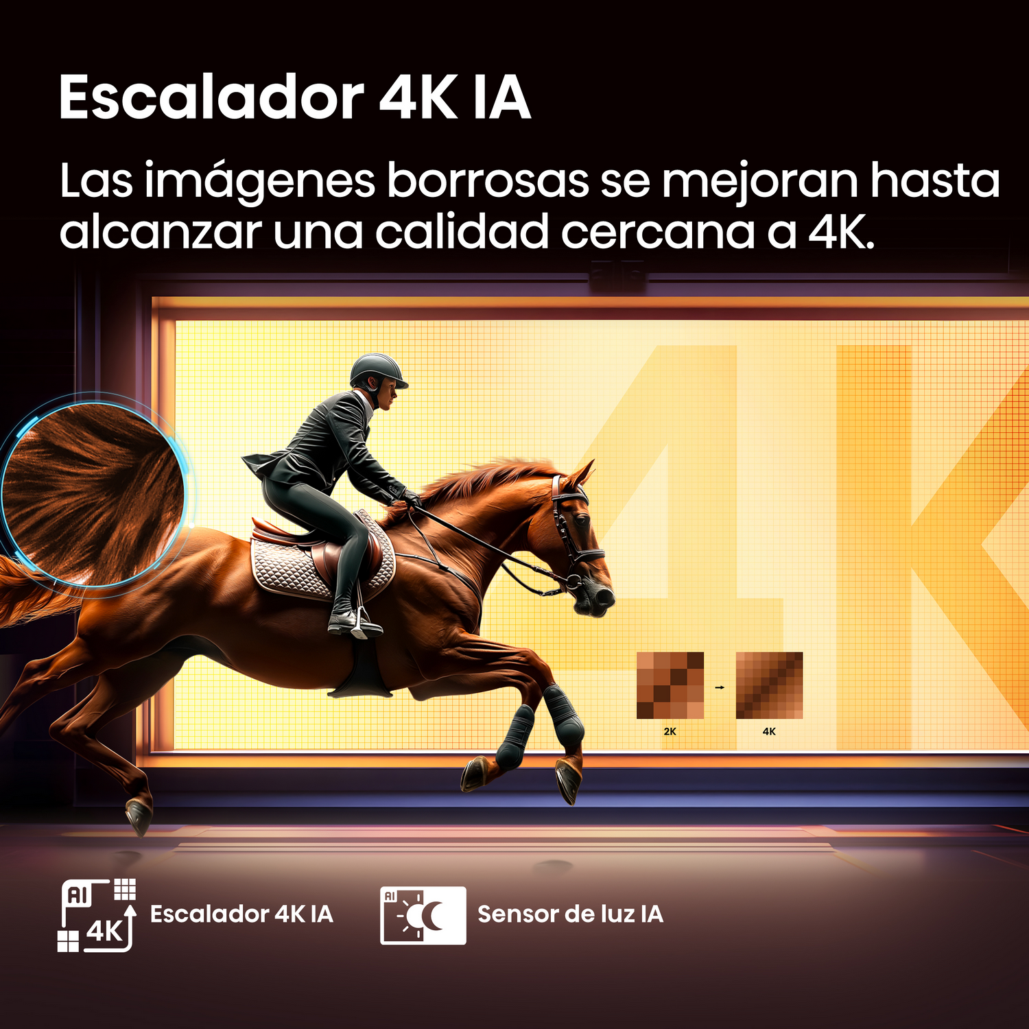 Imagen de caballo y jinete, escalador 4K IA, comparación de calidad 2K y 4K.