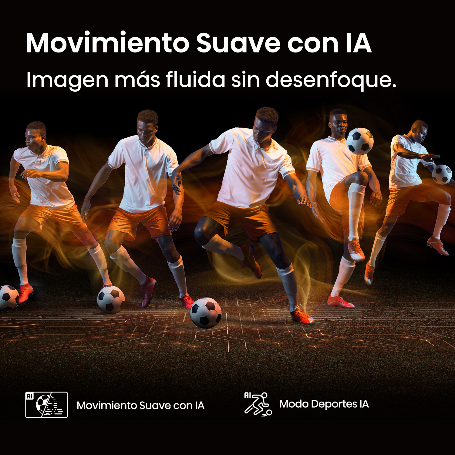 Jugadores de fútbol en acción, AI Smooth Motion, resaltando funciones AI Sports Mode.