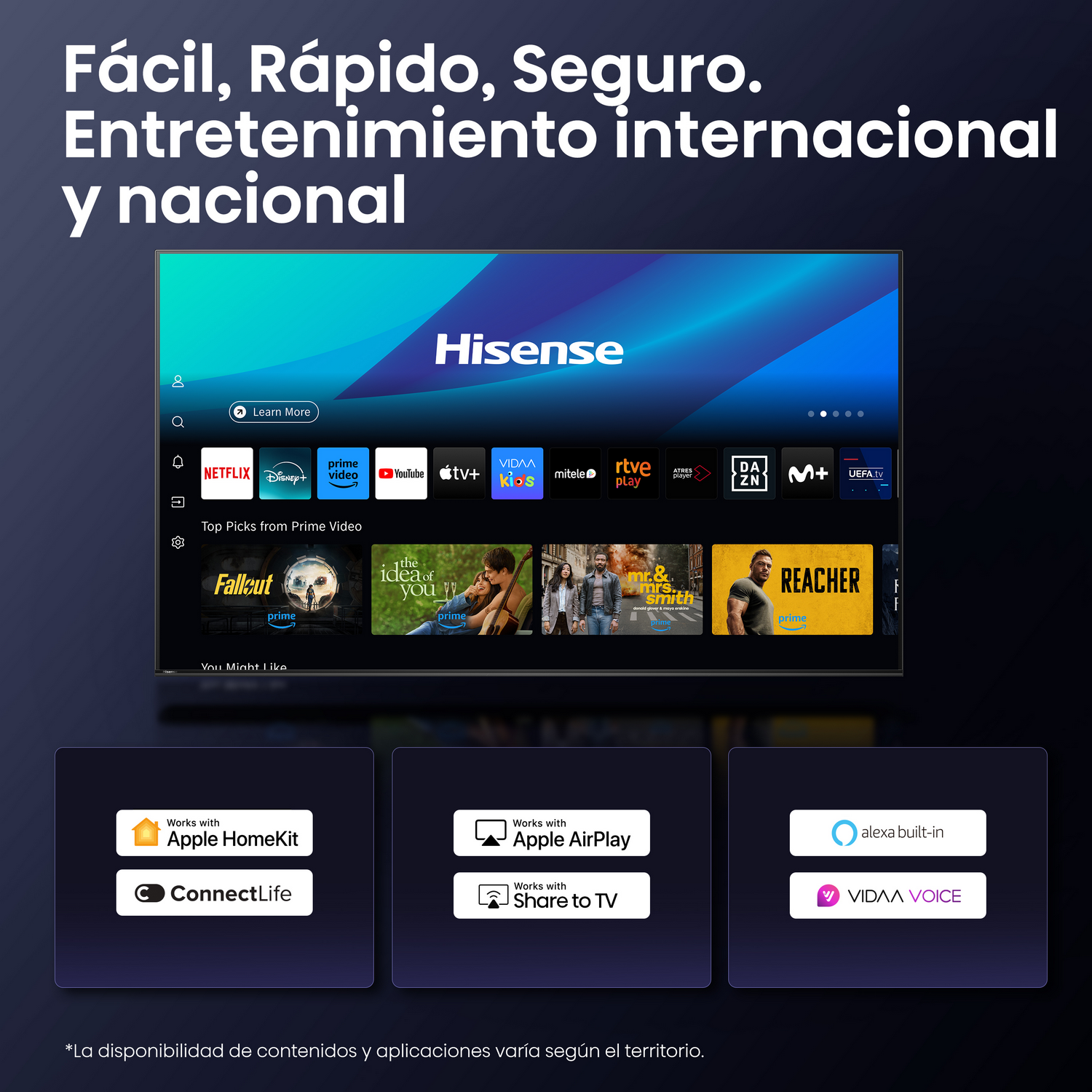 TV Hisense con iconos de aplicaciones de streaming, integraciones Apple y Alexa, fácil configuración.