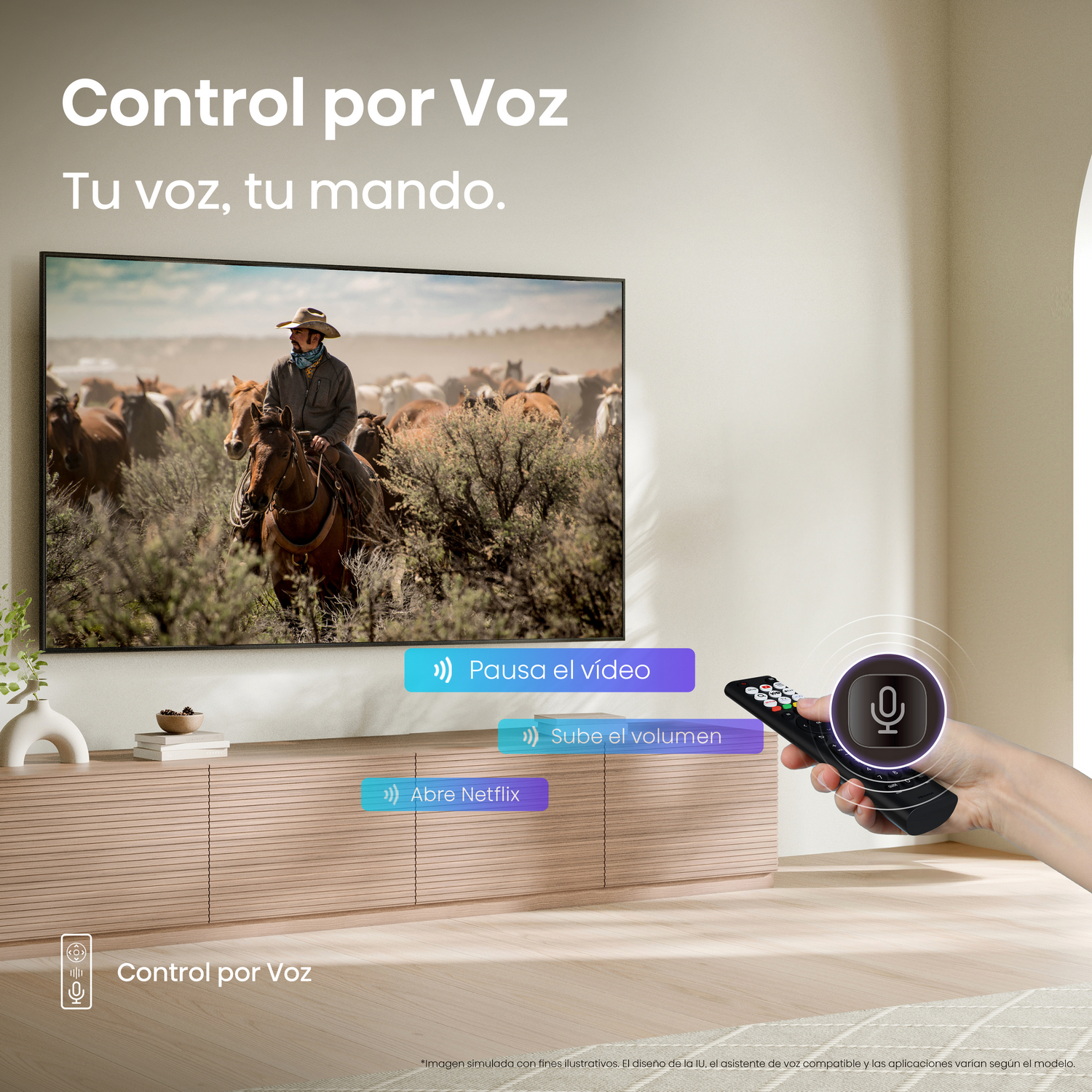 Funciones de control por voz en TV, mando a distancia con botones y pantalla TV.